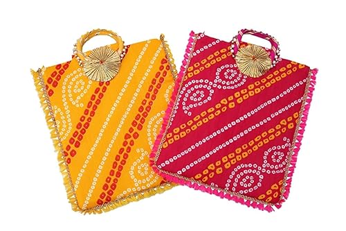 Angelic Womens Bandhej/Bandhani Traditional Rajasthani Combo of Potli Bags and Envelope Clutch Set with Handle for Special Occasions/Wedding (Pink or Yellow)