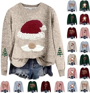 Ugly Christmas Sweater for Women Cute Santa Xmas Sweatshirts Novelty Funny Long Sleeve Creweck Knit Sweaters