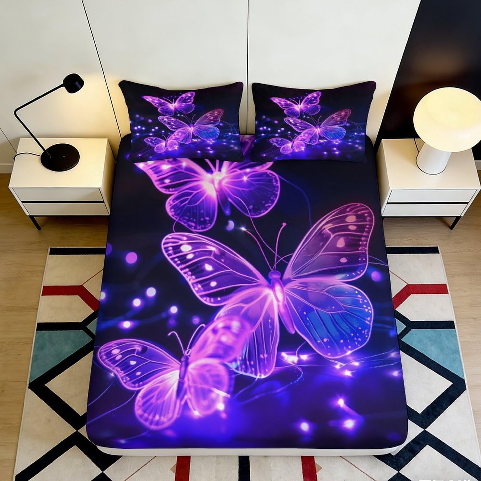 Uynsixtme Style-8 3D Printed Butterfly Fitted Sheet Microfiber Deep Pocket Non-Slip Butterfly Mattress Fitted Cover Washable For Bedroom 200X200x25cm