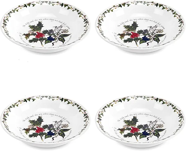 Portmeirion Holly and Ivy 8-Inch Pasta Bowls (Set of 4) - Holiday Christmas Feasts, Ideal for Serving Salad, Soups, Desserts - Oven, Microwave, Freezer, Dishwasher Safe - Seasonal Tableware