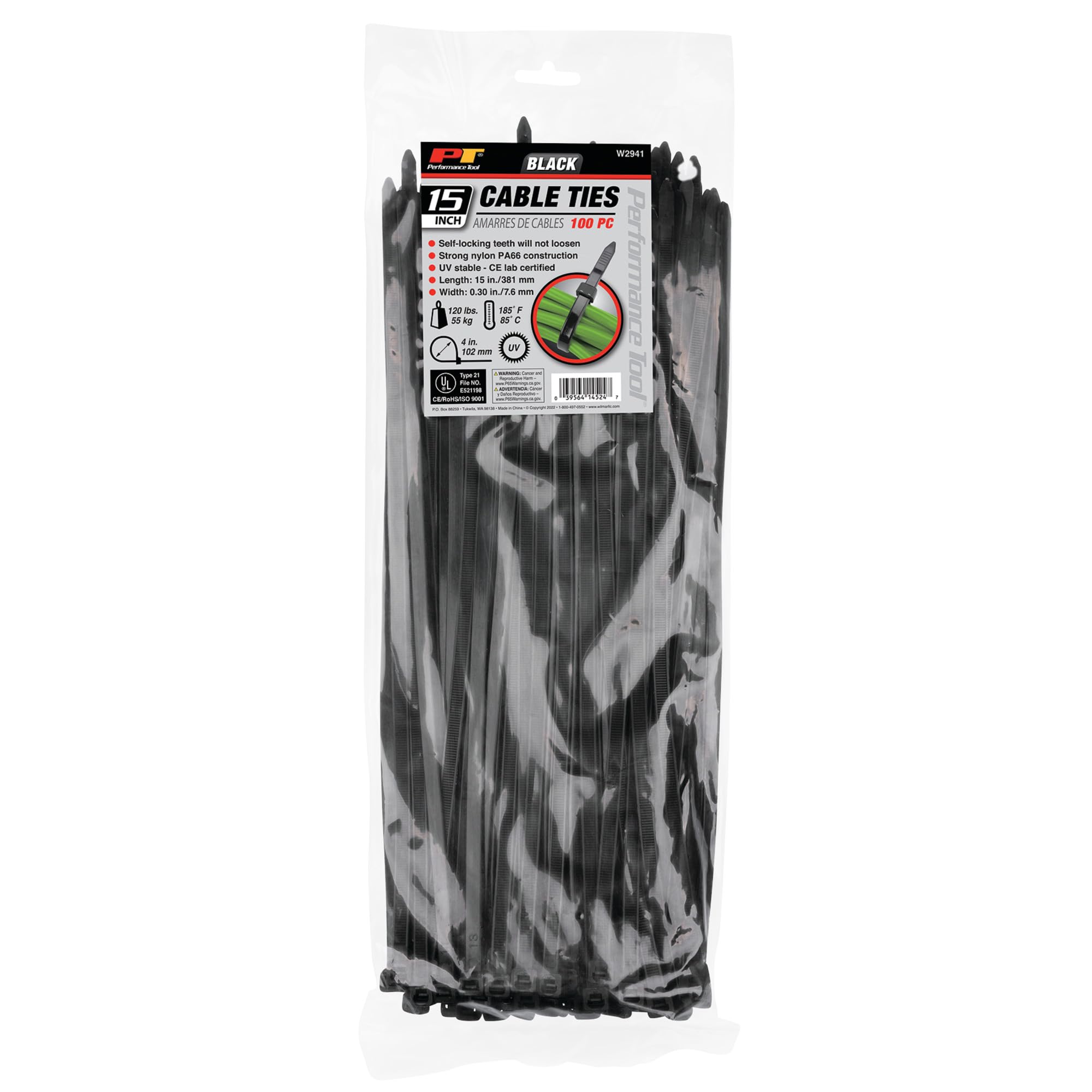 Performance Tool W2941-100 bridas de nailon multiusos de 250 piezas, envolturas de alambre duraderas negras de 15 pulgadas, resistencia a la tracción de 120 libras, perfectas para interiores y