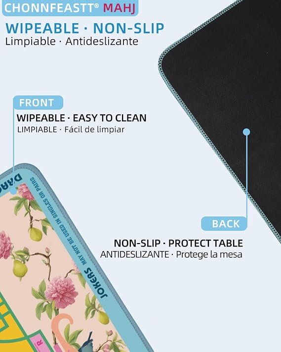Mahjong Table Mat with Rules - 33 Neoprene Anti Noise & Slip American Mah Jongg Table Cloth - Pretty Bird & Floral Game Mat with Bag for Travel - Mah Jong Accessories and Gifts for Beginner