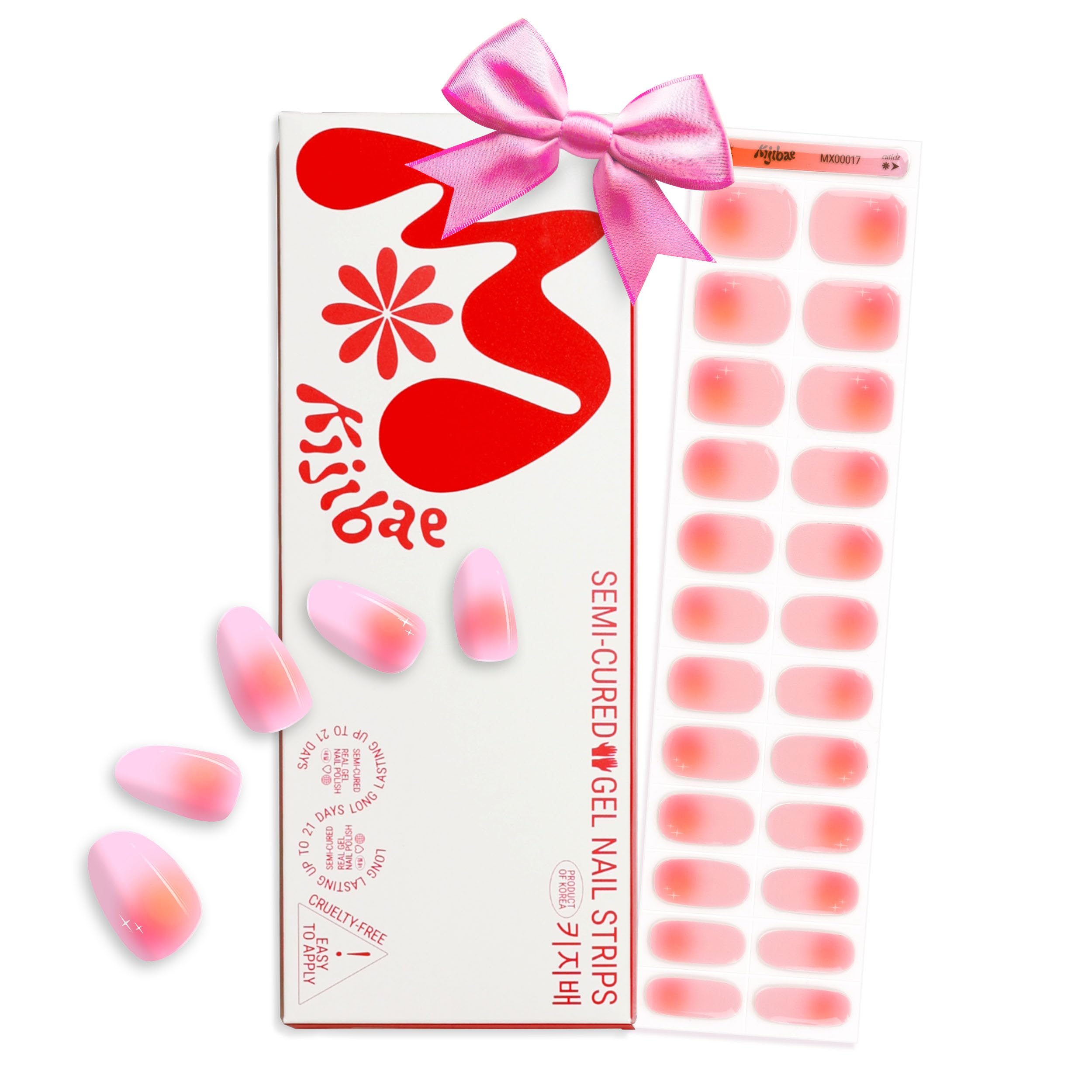 Kijibae 60% Semi-Cured Gel Nail Strips Kit (rainbow sherbet) – Long Lasting, Easy to Apply Premium Gel Strips Set, 24 pcs, Includes 2 Prep Pads, Nail File, Cuticle Stick