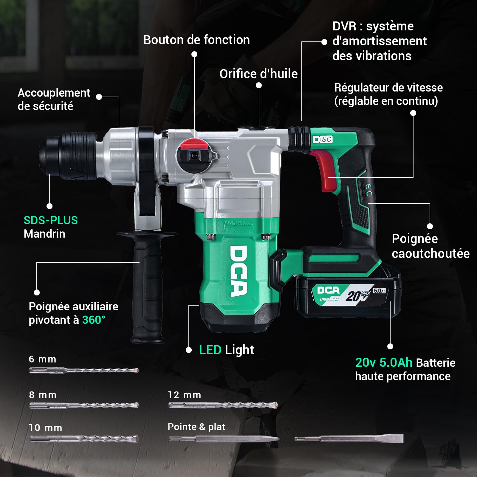 DCA Marteau Perforateur Sans Fil 20V, 4.5 J d'énergie de Frappe et 3800 BPM, 4 Pièces 28mm SDS-Plus, Moteur Sans Balais Marteau Perforateur Haute Performance, Batterie 5.0Ah, Chargeur Rapide 4A