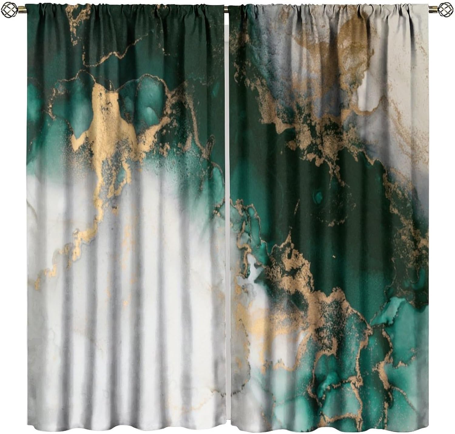 Emerald Green Marble Blackout Curtains，Abstract Gold Marble Modern Navy Blue Aesthetic Ink Luxury Texture Pattern Drapes Window 2 Panel Rod Pocket Curtain for Bedroom Decor 42"" W X 45"" L, Style-17