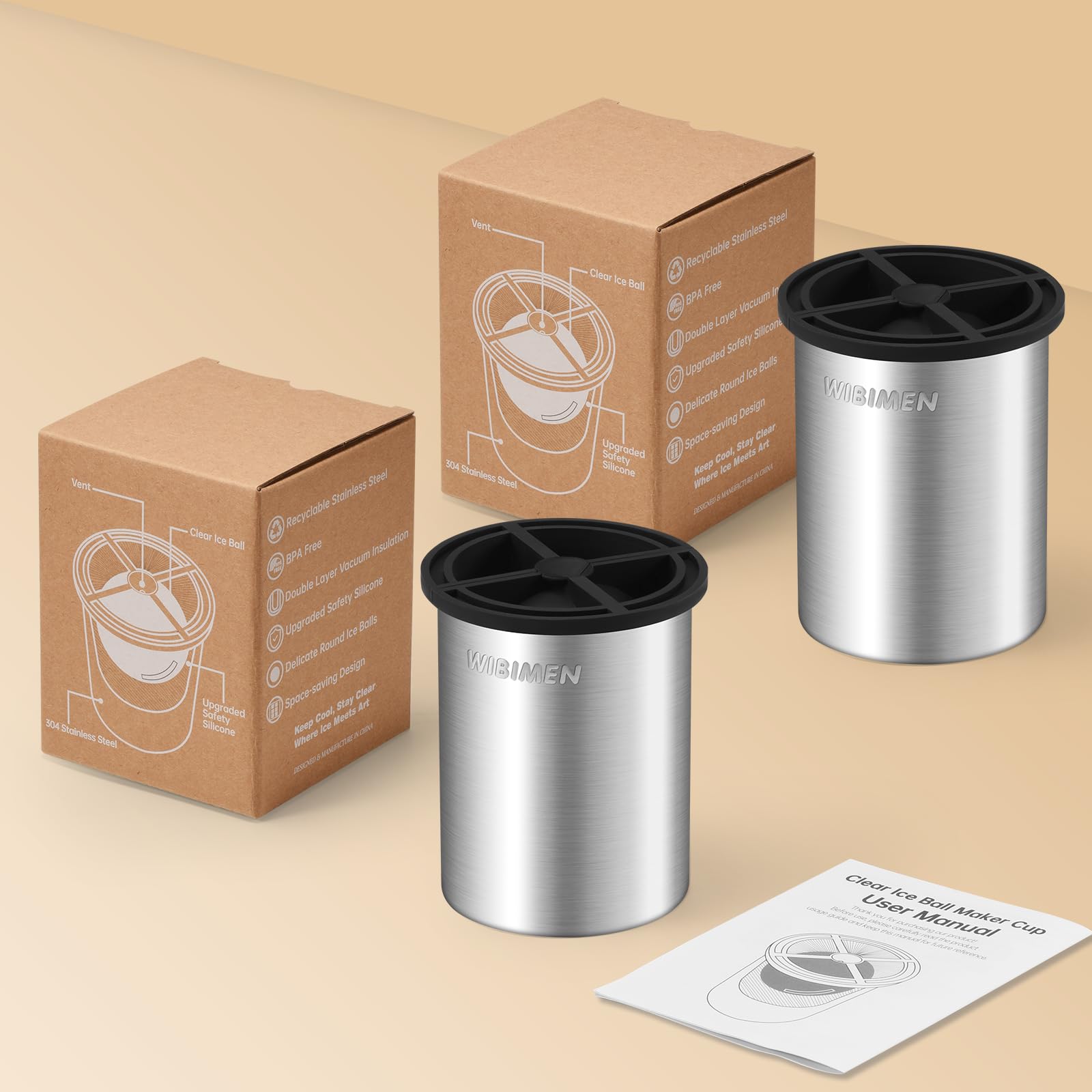Klarer Eiswürfelbereiter, 6,4 cm Eisbälle, Eisballbereiter aus kristallklarem Edelstahl, BPA-freie Premium-Silikon-Eiswürfelformen für Whisky und Cocktails (2 PACK)