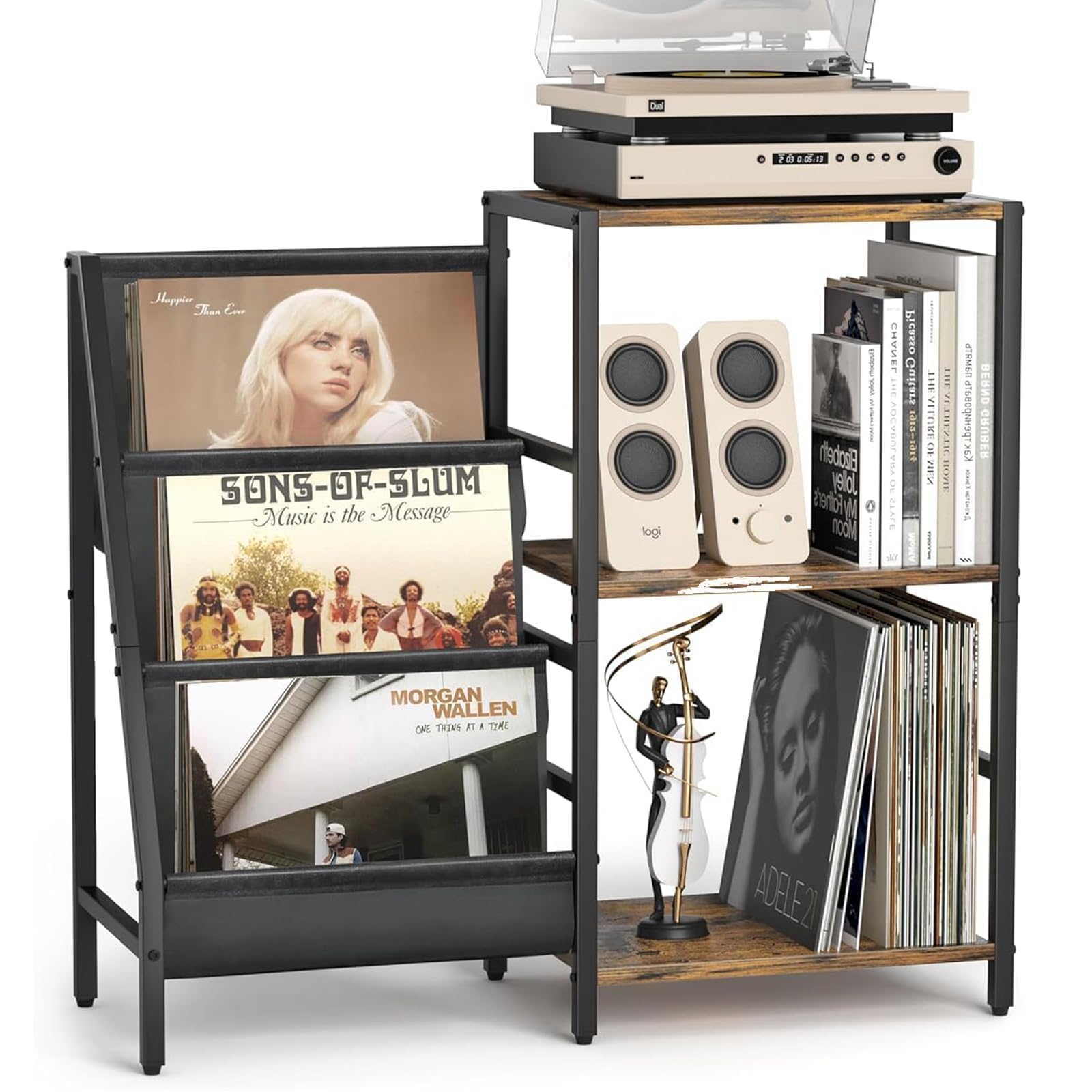 Mobile Giradischi e Porta Vinili, Porta Dischi Vinile, Vinili da Parete a 3 Livelli, Mobile per Giradischi e Vinili Archiviazione fino a 200 Albums, Cds