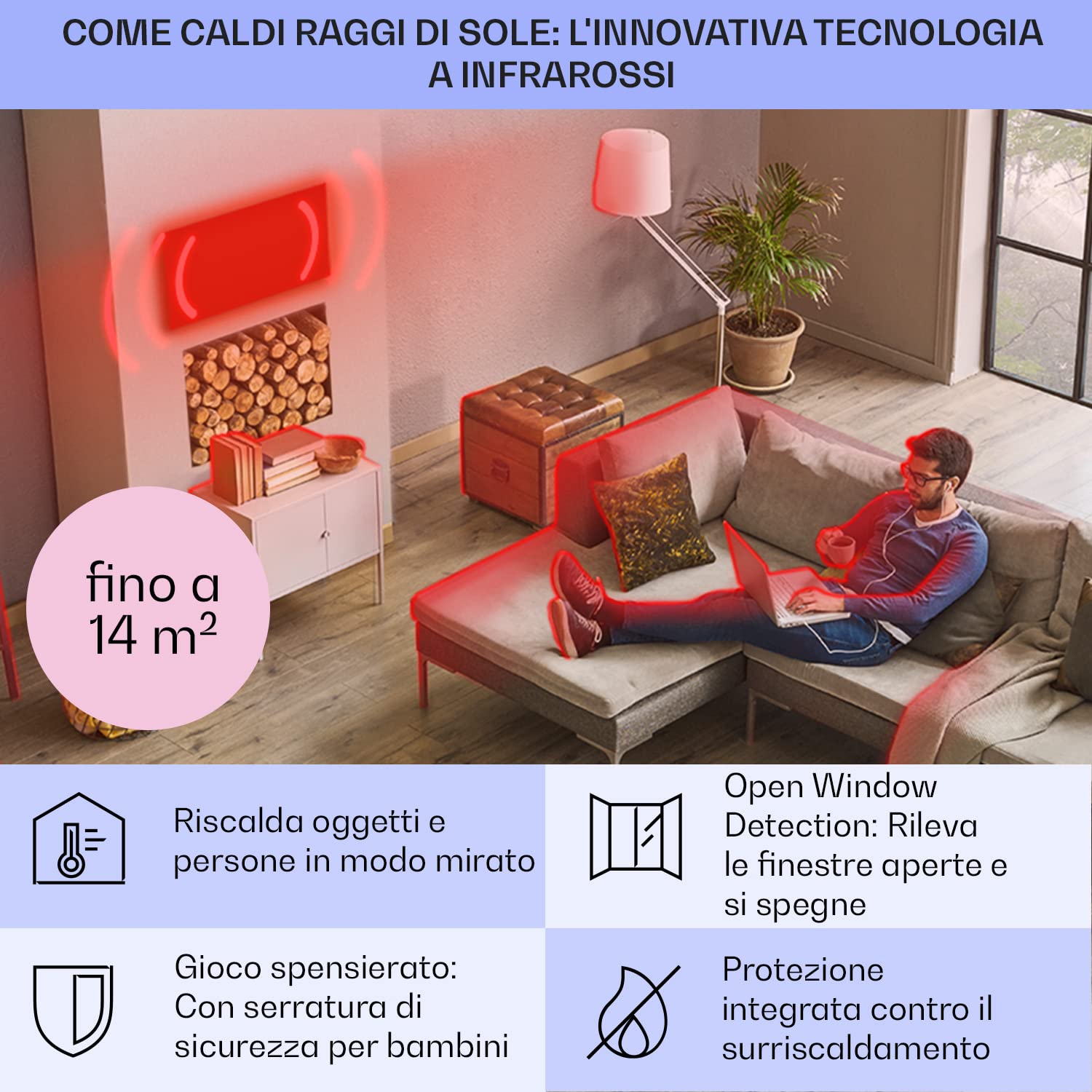 KLARSTEIN Smart Stufa Elettrica Basso Consumo, Termoconvettore a Parete 750W Termosifone Elettrico, Riscaldamento Elettrico, Pannello Radiante Infrarossi, Lampada Riscaldante, WiFi/App, IP24 No CO2