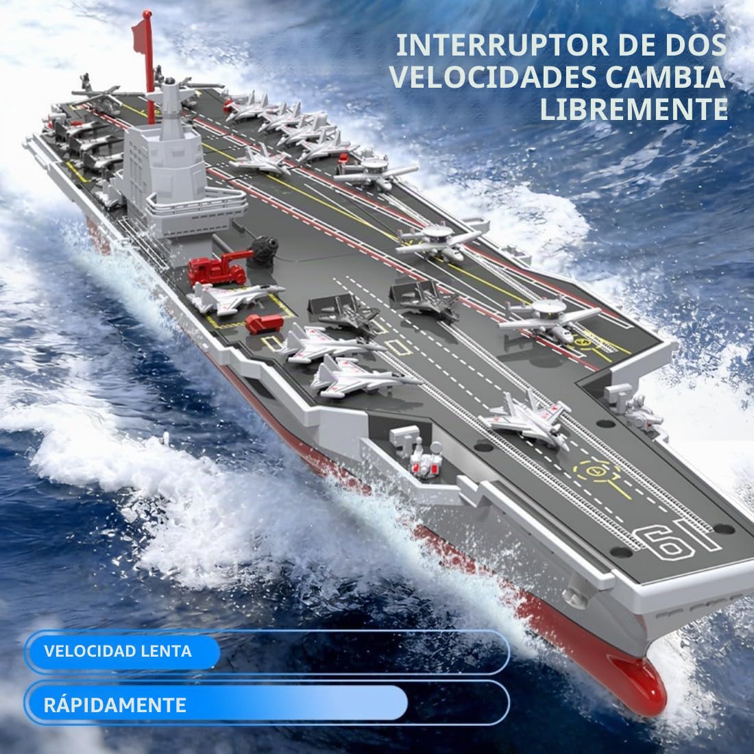 Portaaviones RC para piscina y mar, buque de guerra teledirigido de 2,4GHz con cañón de agua, barco militar eléctrico impermeable con motor dual, alta/baja velocidad, 30 minutos de tiempo de