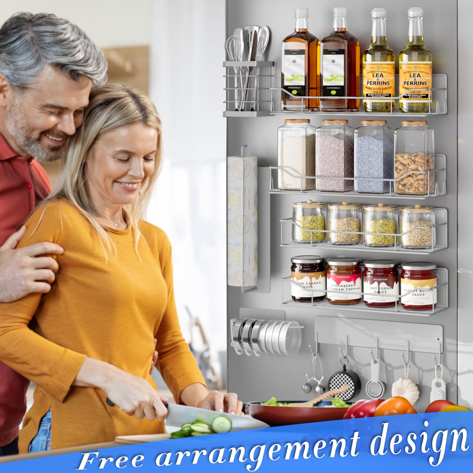 Kmise Estante magnético para especias para refrigerador, paquete de 8 estantes magnéticos para nevera, organizador de especias móvil con estante de gancho, soporte para toallas de papel, soporte para