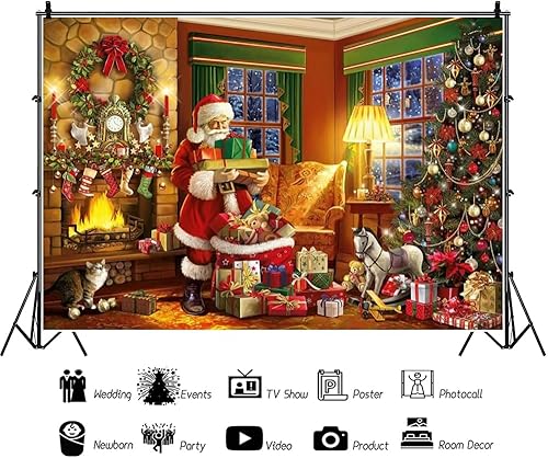 Miniatura 3 de Telón de fondo de Navidad de Papá Noel de 10 x 6.5 pies para fotografía, estilo vintage, invierno, árbol de Navidad, chimenea, regalos para