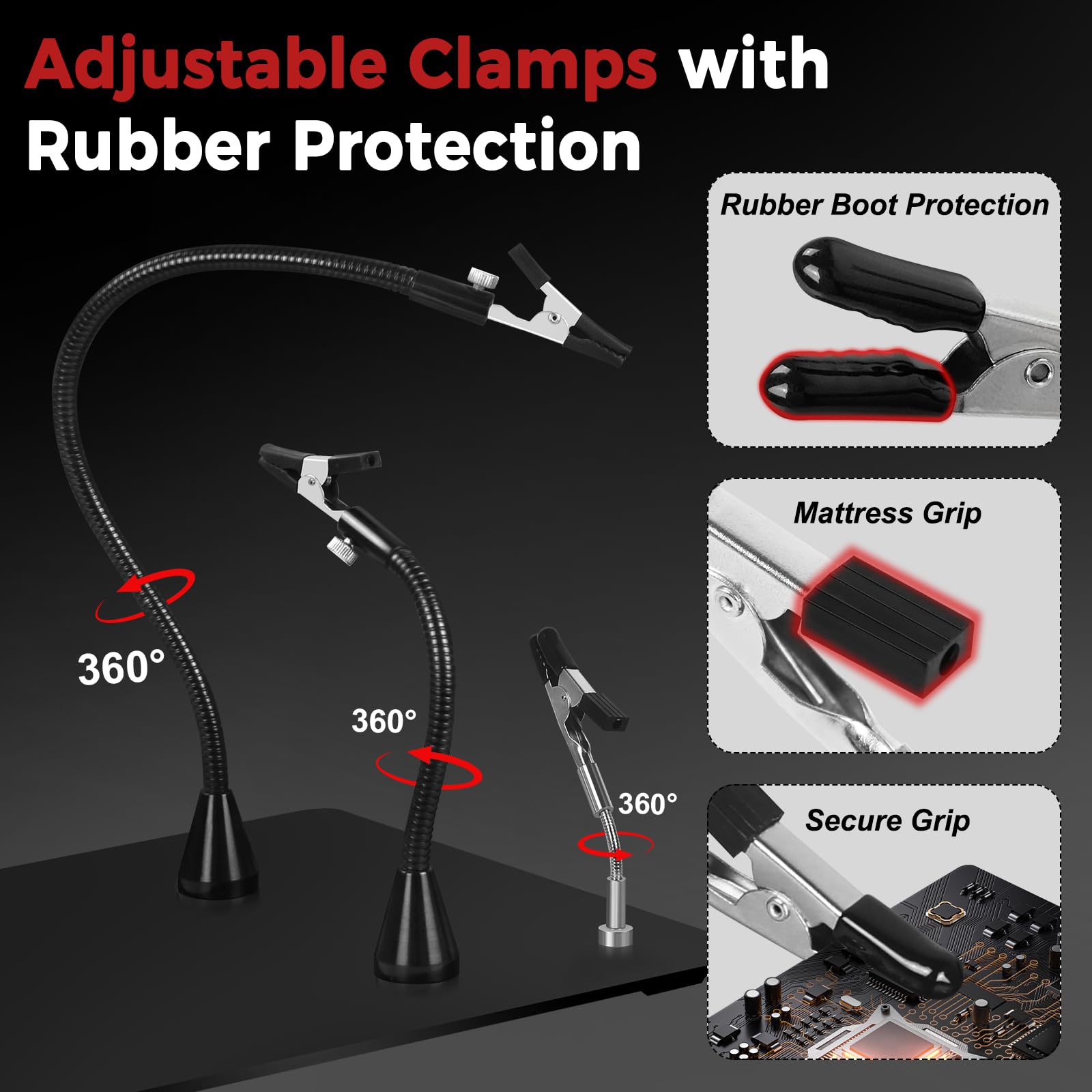 NOEVSBIG Stazione di saldatura Helping Hands con lampada di ingrandimento 5X, super morsetto a 360°, 4 morsetti a mano, bracci flessibili, strumento di terza mano per riparazione elettronica PCB fai