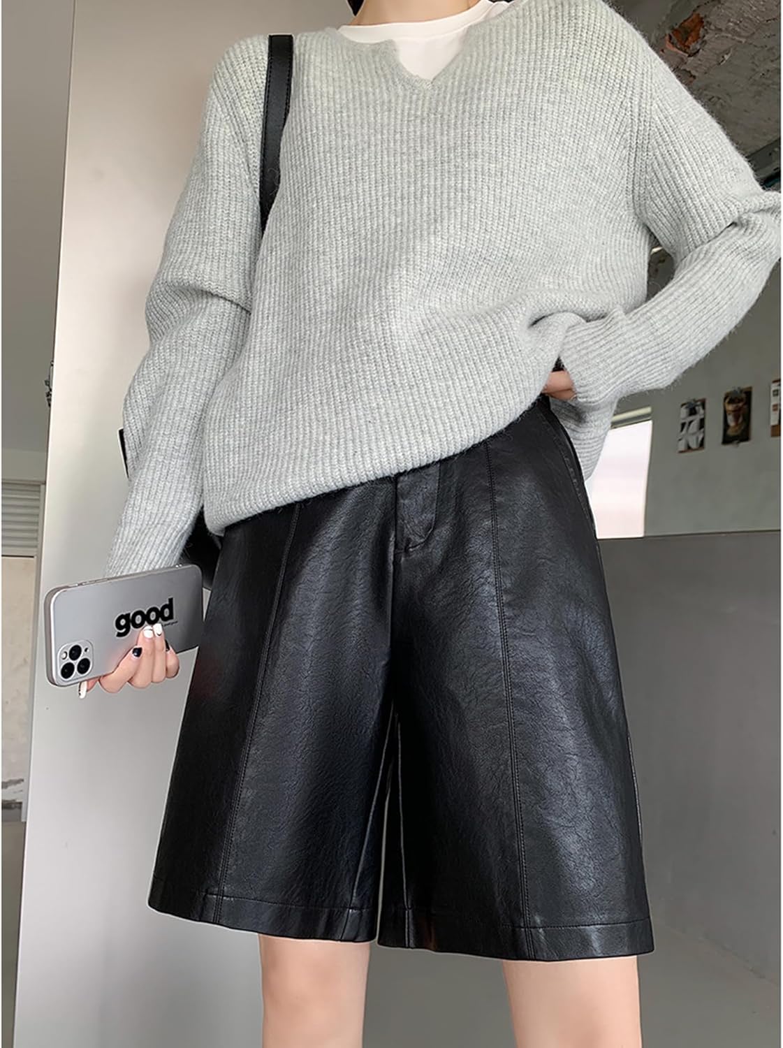 Lucrosun Women's Trendy Faux Leather Shorts High Waist Bermuda Biker Shorts - Image 3