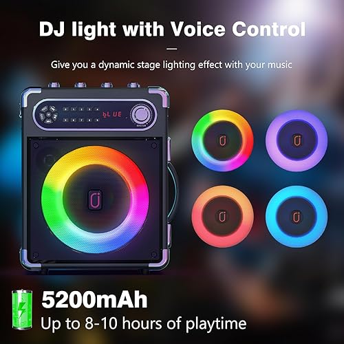 Miniatura 5 de Máquina de karaoke con 3 micrófonos inalámbricos para adultos/niños, altavoz de karaoke portátil Bluetooth 5.3, altavoz de fiesta en casa con luces
