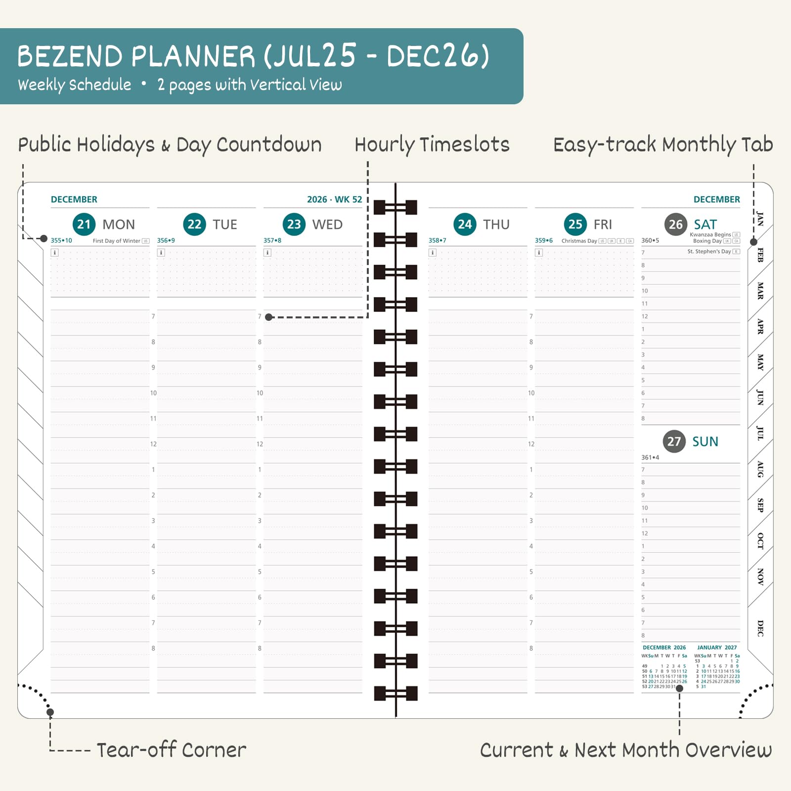 BEZEND 2026 Diary A5 Week to View (Jul 25-Dec 26) Spiral with Time Slots. Vertical Weekly Planner with Note Pages - Image 3
