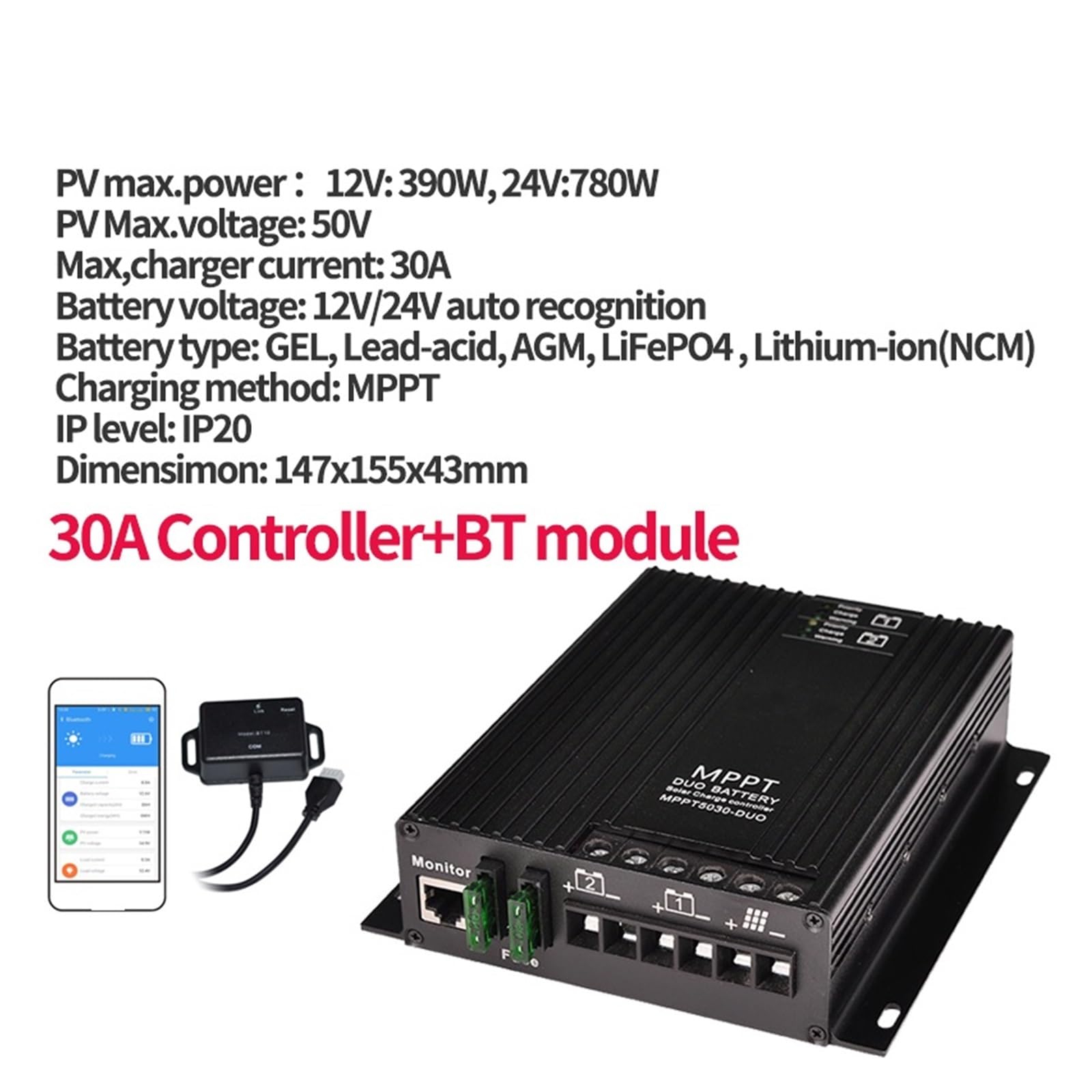 Kontroler MPPT 30A Obsługa Aplikacji Bluetooth LCD 12 V/24 V Dla Akumulatora Litowo-ołowiowego Z Podwójną Baterią Sterownik Ładowarki Słonecznej(30A controller BT)