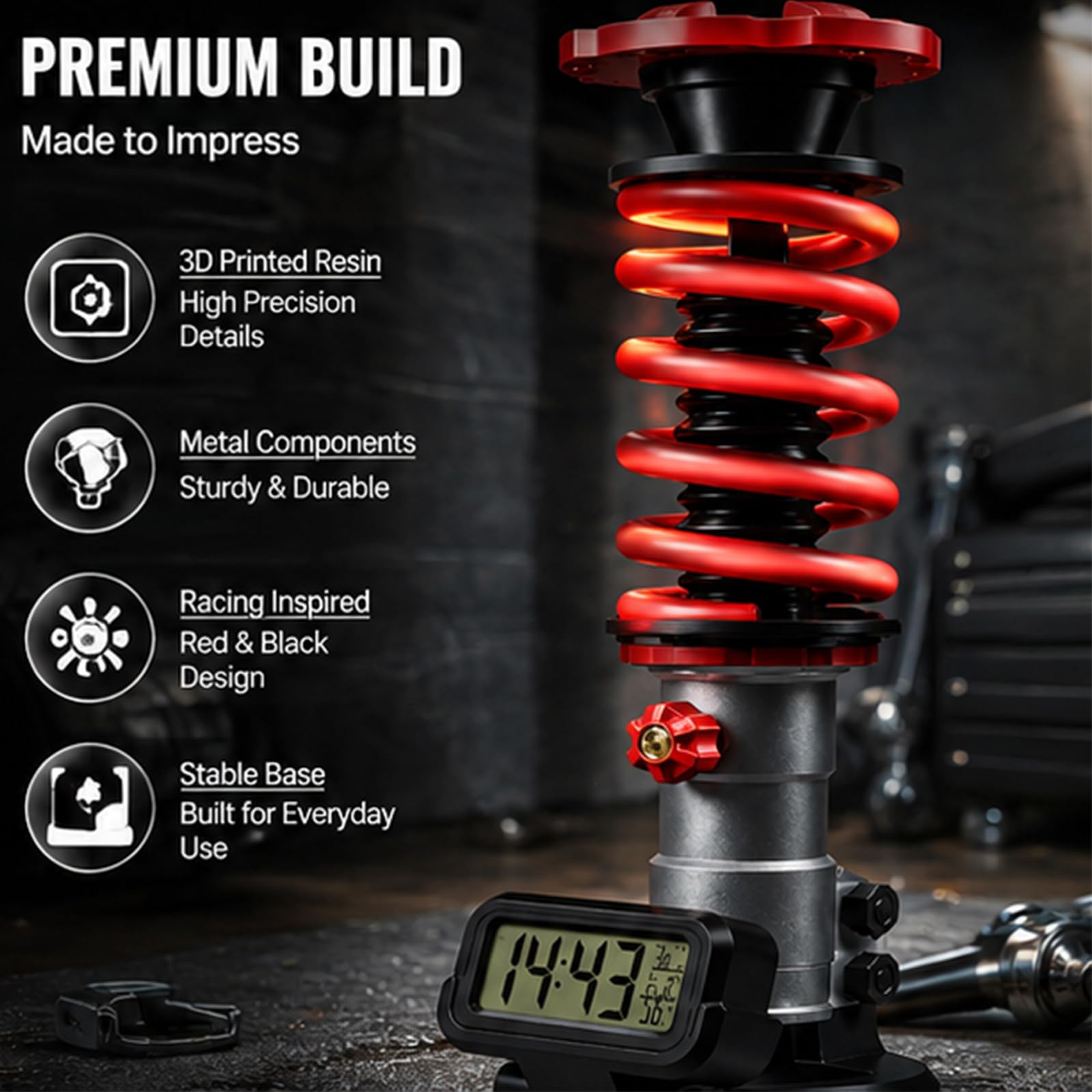 Lampada da tavolo con ammortizzatore stampato in 3D con orologio digitale, luce notturna a LED in stile industriale, tocco regolabile/3 colori chiari, luci ambientali per sala giochi fai da te, p red