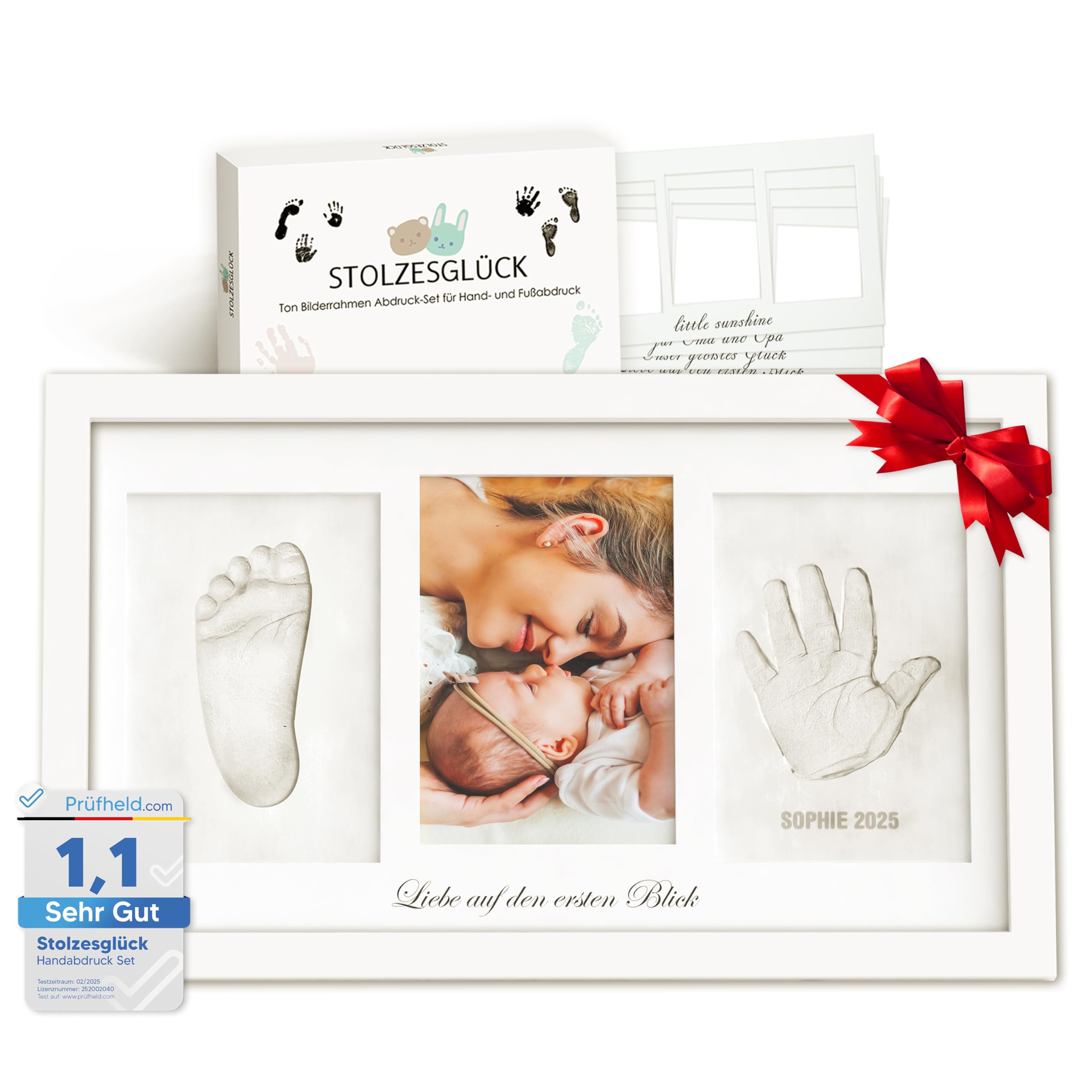 Premium Fußabdruck Handabdruck Baby Tonabdruck XXL SET 4+1 DESIGNS | Personalisierbar, inkl. Zubehör, Echtholz Rahmen | Gipsabdruck Baby Hand & Fuß