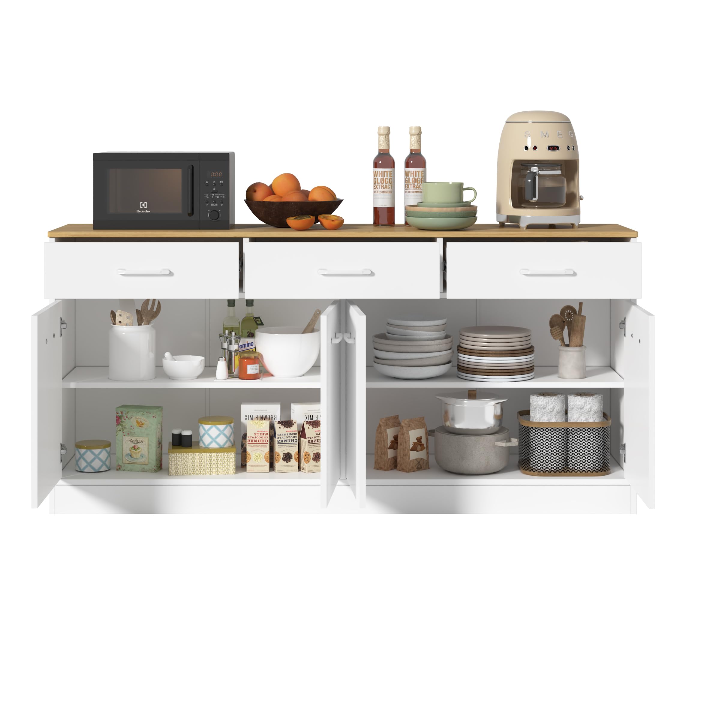 Küchenschrank Sideboard 160 cm mit 3 Schubladen und verstellbaren Einlegeböden, Kücheninsel mit Arbeitsplatte in Holzoptik, Vorratsschrank für Küche, Esszimmer und Wohnzimmer, Weiß