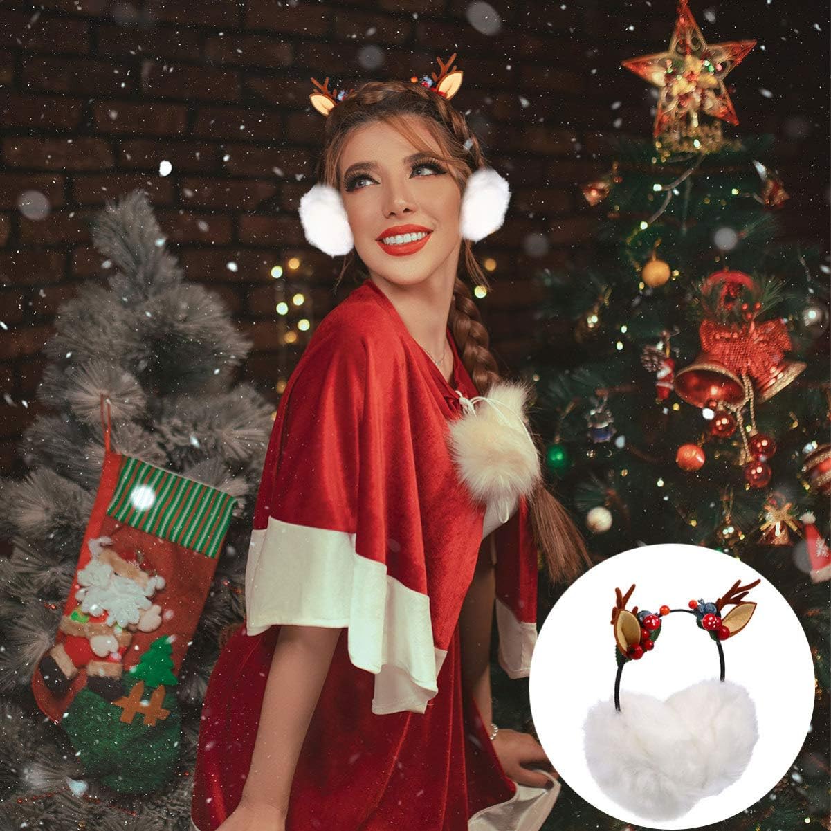 ABOOFAN Plush Earmuffs Animal Reindeer Antlers Earmuffs Winter Warm Ear Covers Headband Christmas Ear Warmers for Girls