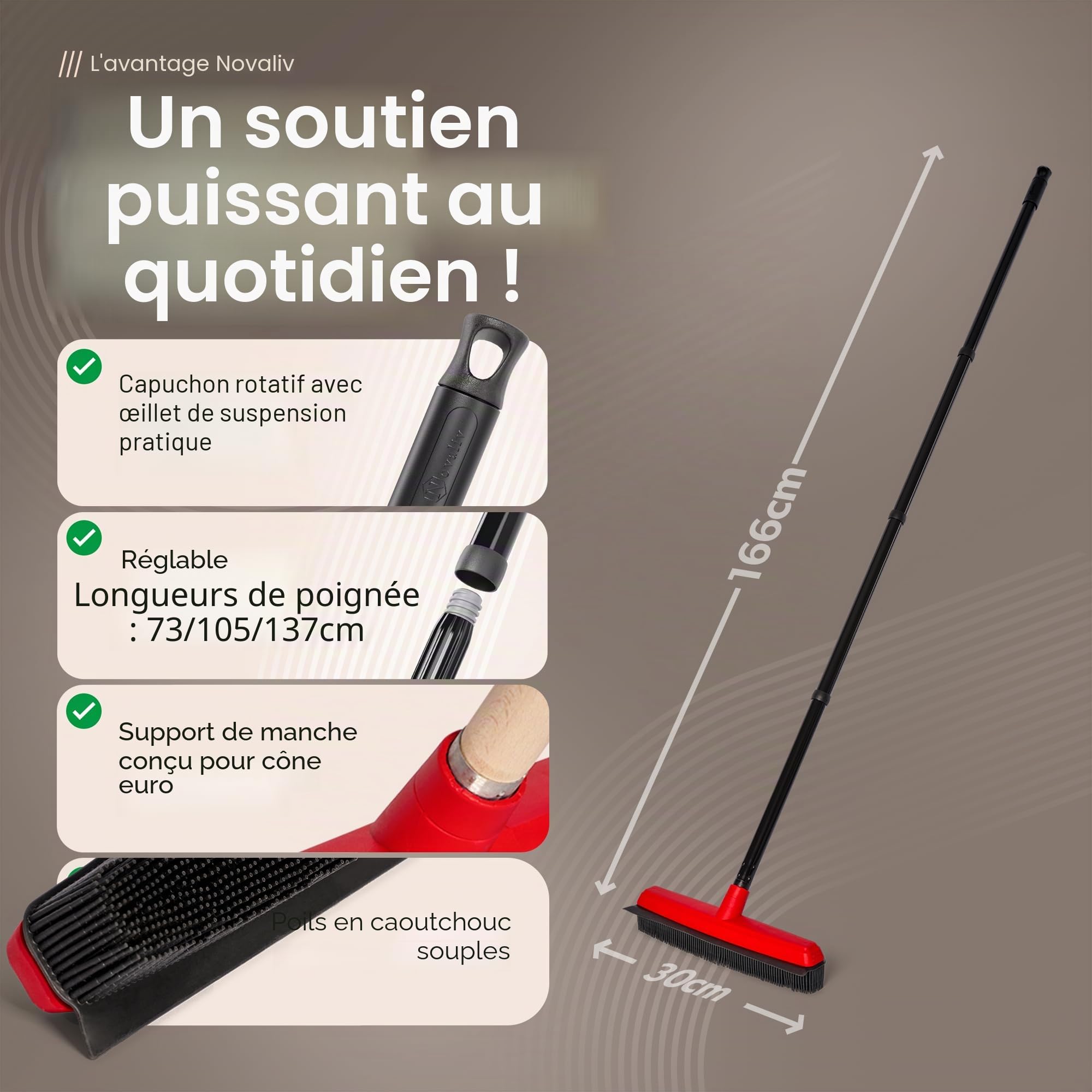 Novaliv Balai en Caoutchouc avec Manche à Piquer et Balayette - Set de Coiffeur - Épilateur pour Chien - Broom - Parquet - Pour l'Intérieur - Extracteur de Tapis