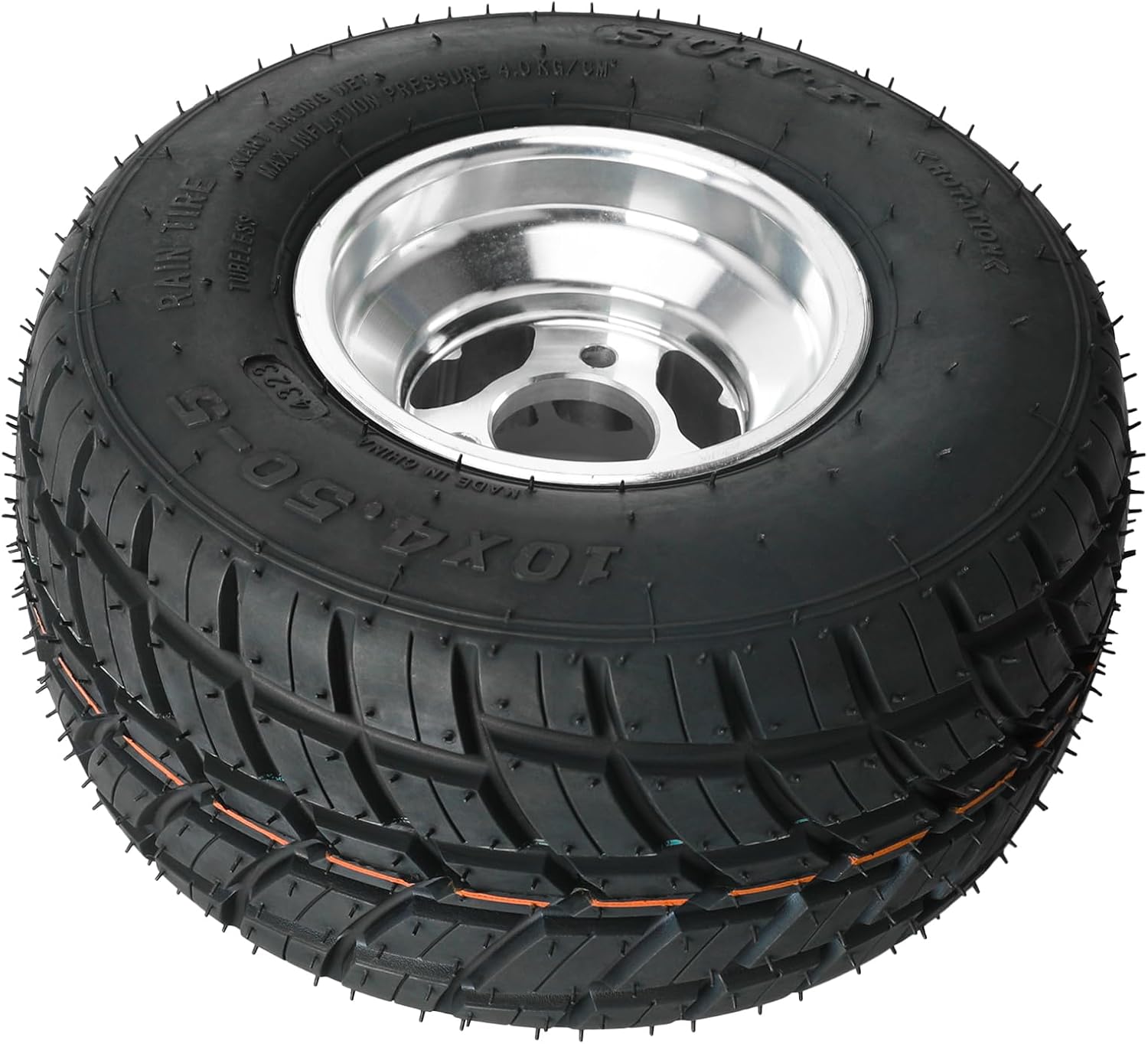 10x4.50x5 Rain Tire, 10x4.50-5 Tubeless Go Kart Tire and 5" Aluminum Rim Wheel Assembly for Racing Go Kart Drift Trike Mini Bike Quad Karting Racer, 3 Stud 50mm Bolt Pattern Non-Smooth Tread