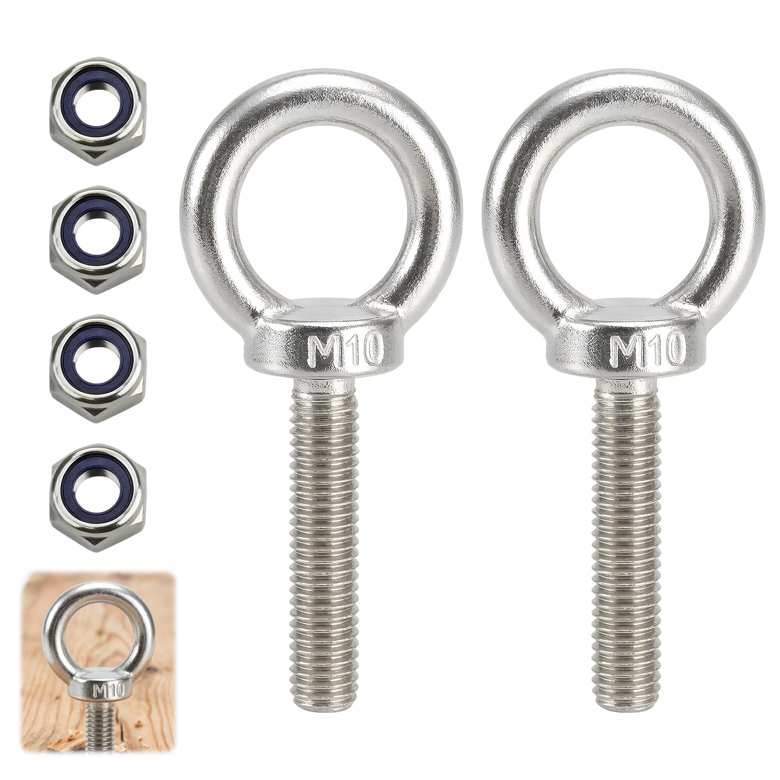 Set Bulloni ad Anello M10 x 35 in Acciaio Inox 304, 2 Pezzi con 4 Controdadi, Viti ad Occhiello Resistenti per Sollevamento Leggero e Fissaggio
