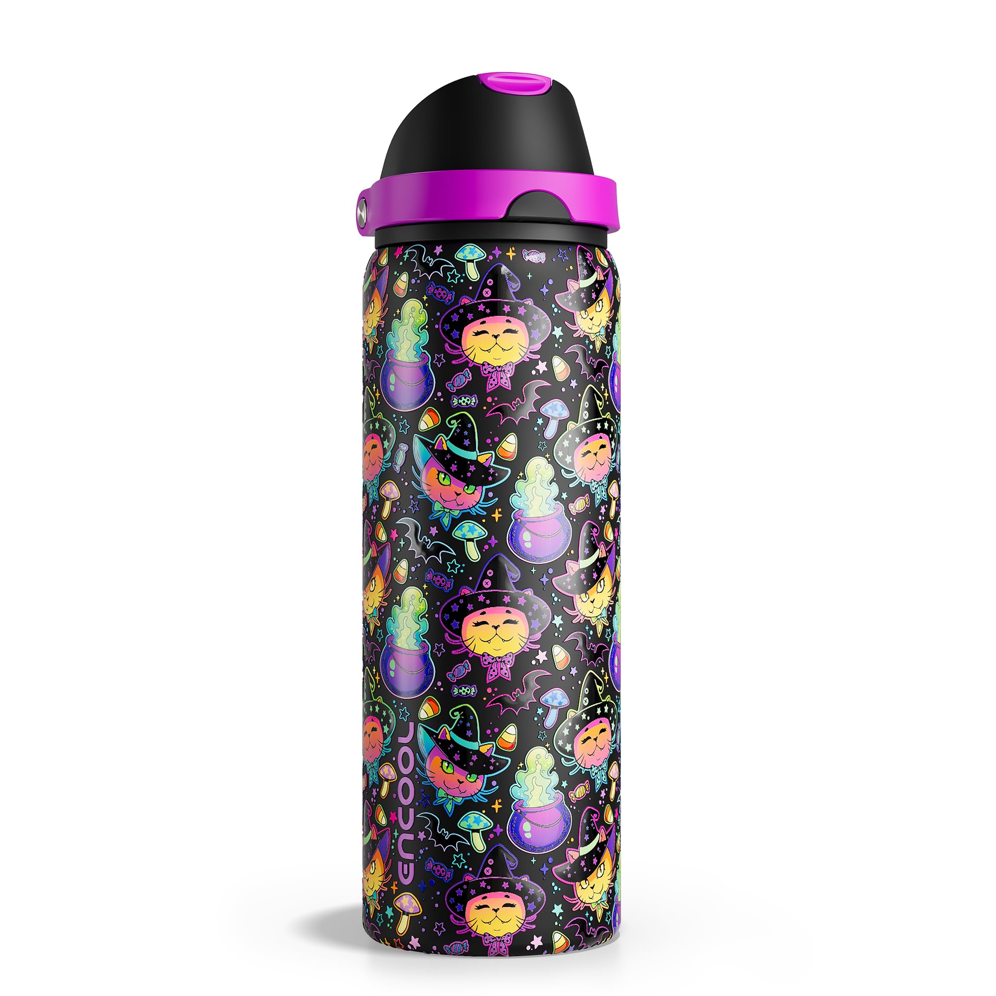 Insulated Water Bottle with Straw - Encool Stainless Steel Water Bottle with Push Button Lid, Leak-Proof &amp; BPA-Free, Keeps Cold for 24 Hours for Sports, Travel, Gym (32 oz, Meowgic Night)