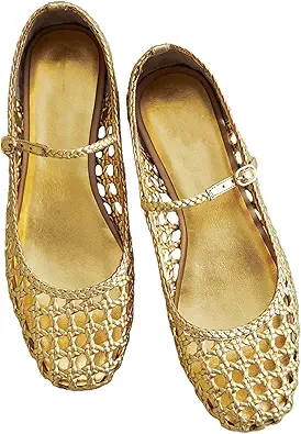 Woven Mesh Ballet Flats for Women with Metal Buckle Strap Ballerina Flat Shoes Comfortable Round Toe Mary Jane Flat.