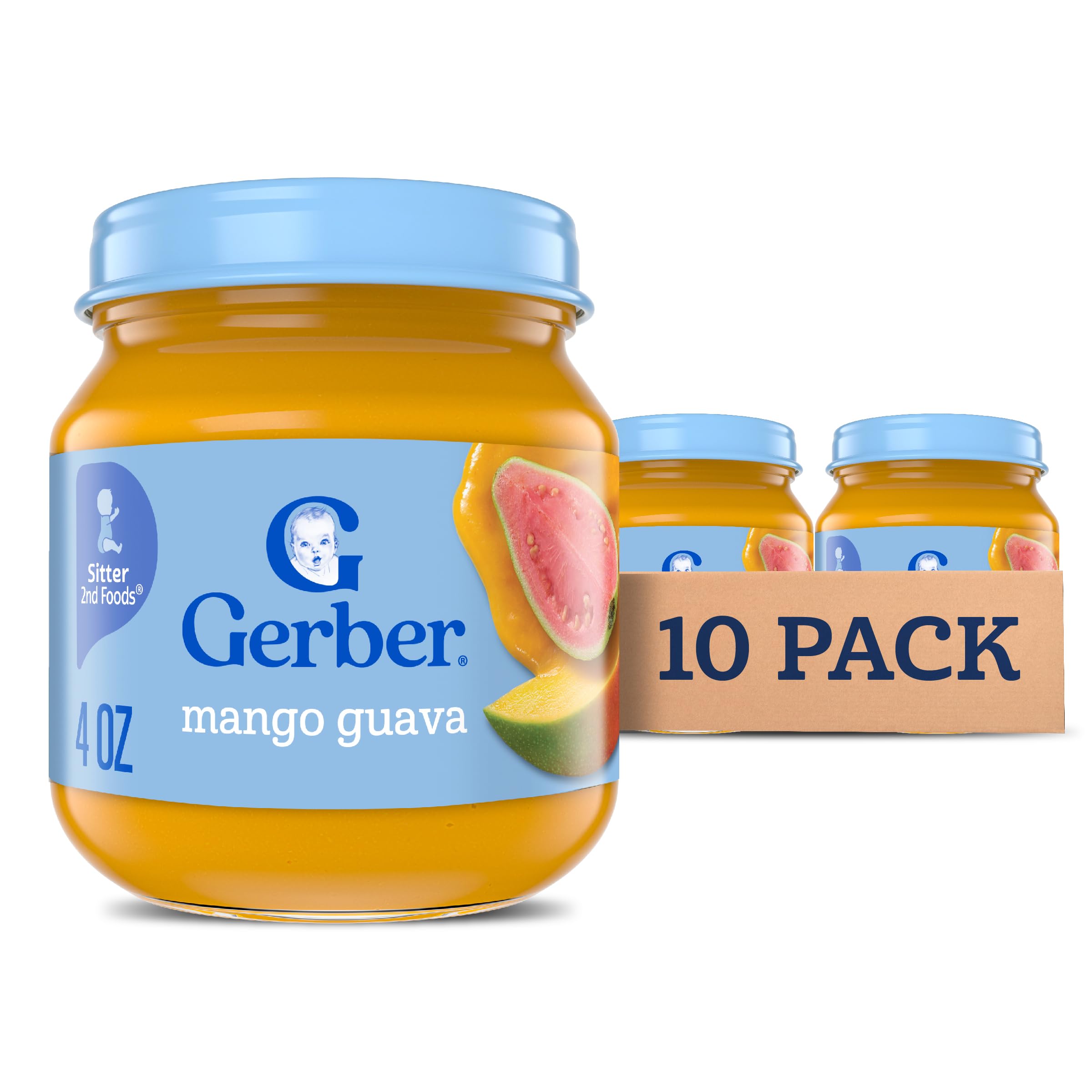 GerberStage 2 Baby Food, Mango Guava Jar, Fruit Puree, Vitamin C, Non-GMO, Baby Food Fruit, Puree Jars Glass, 10-Pack