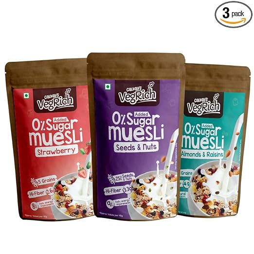 VegRich No Added Sugar Muesli (Assorted Combo) Diabetic Friendly | Sugar Free Muesli - Rolled Oats + Wheat Flakes + Barley + Almonds and Raisins (Assorted Zero Sugar Combo)