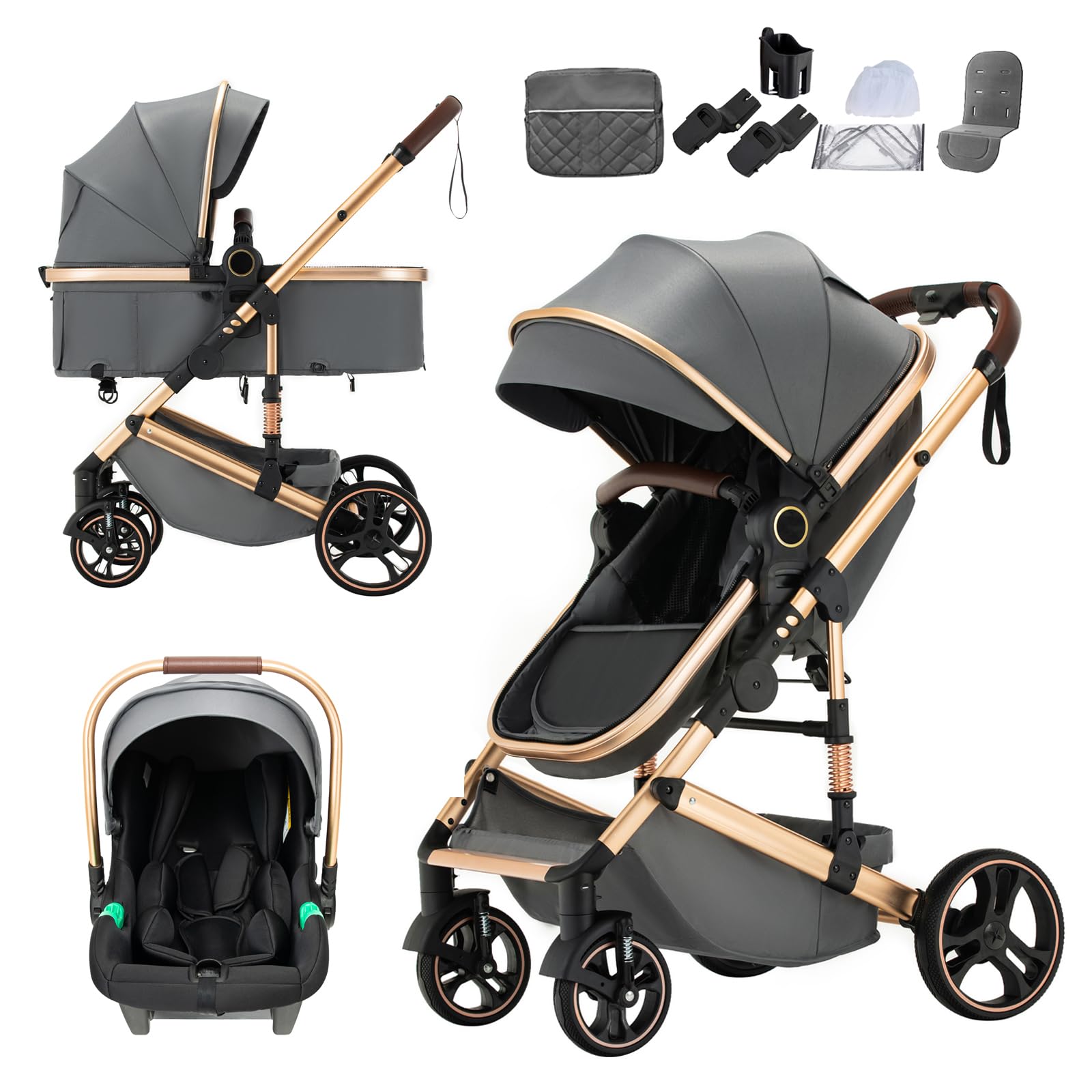 Mobayta 3-in-1 Complete pram Set, 0-4 Years, up to 22 kg, Combi pram Travel Systems for Newborns and Infants (Dark Grey H9, H9)