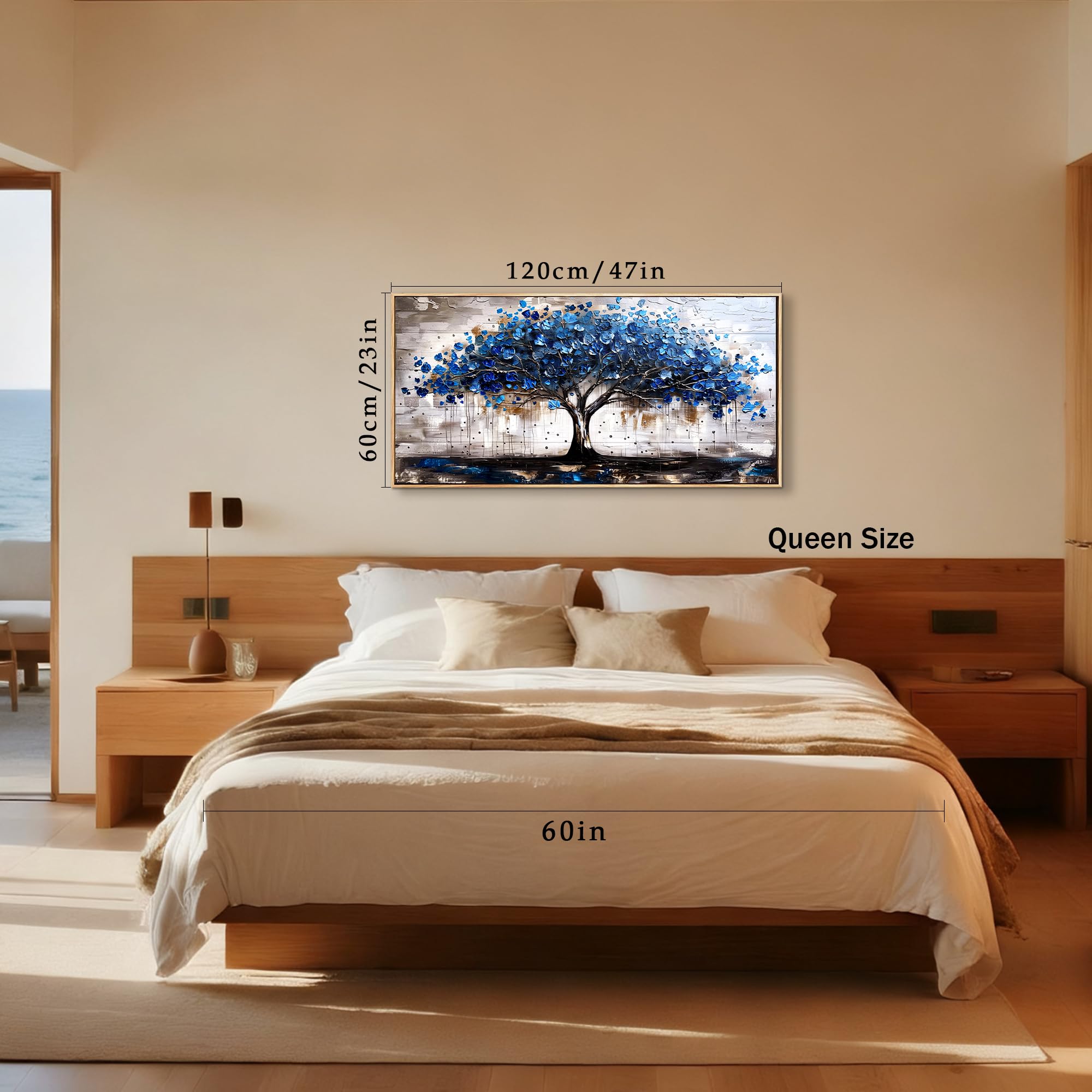 MHARTK66 Quadri Moderni Soggiorno Con Cornice Legno, Quadro Camera da Letto Su Tela Grandi, 60x120 XXL cm Stampe da Parete Albero Della Vita Blu, Decorazioni Parete Bagno Ufficio Sala Da Pranzo