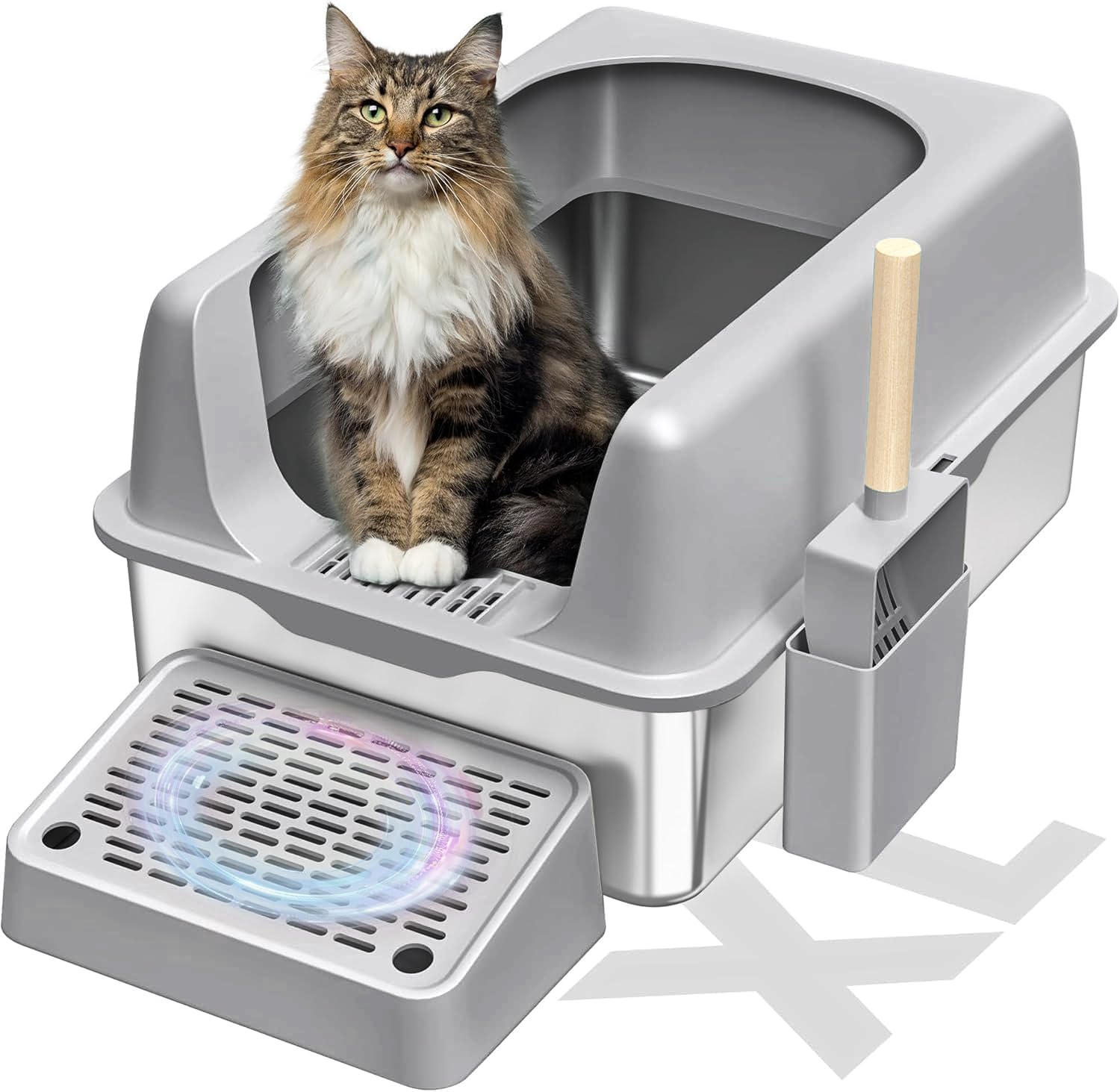 KMNSUN Lettiera XXL, Lettiera chiusa in acciaio inox, Lettiera grande (per gatti di grossa taglia), design chiuso con bordi alti, antiaderente, a prova di perdite e facile da pulire