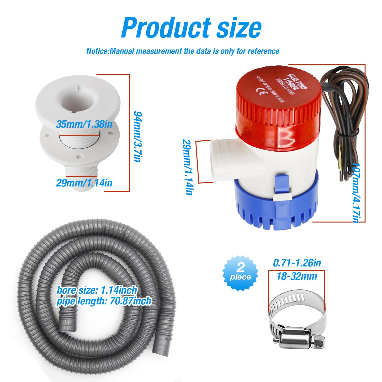 Bomba de Achique Agua, Bomba de Agua de Sentina Sumergible para Barco, Kit de Fontanería, Bomba de Sentina de PVC, Manguera de 12 V, 2 Abrazaderas de Manguera a través del Casco