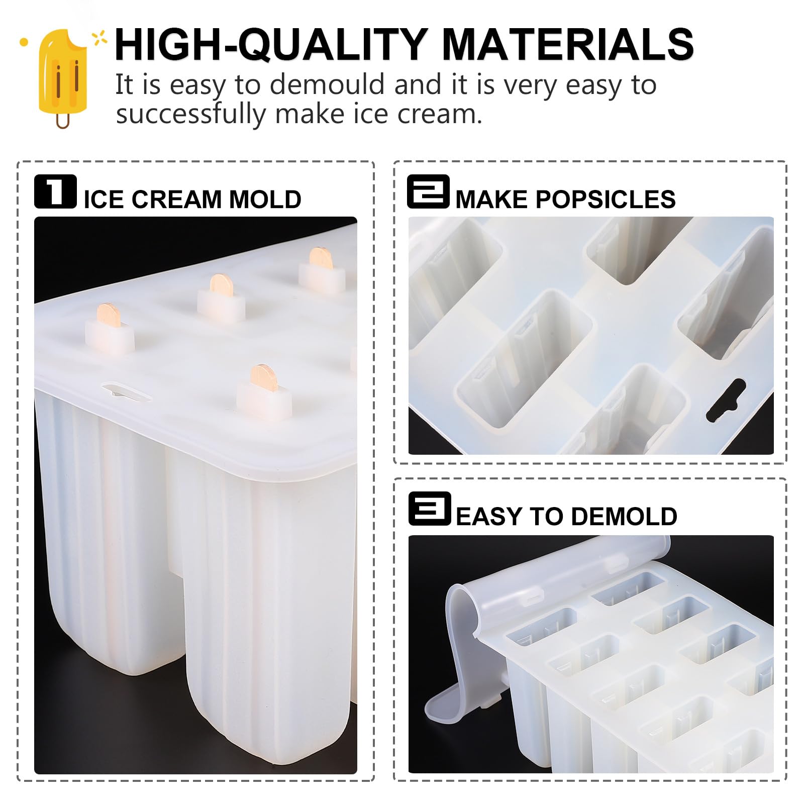 SECFOU Moule à Glace Réutilisable Facile à Démouler Couleur Aléatoire Estivales en Silicone avec 10 Cavités et Autocollants en Bois pour Préparer des Glaces Maison