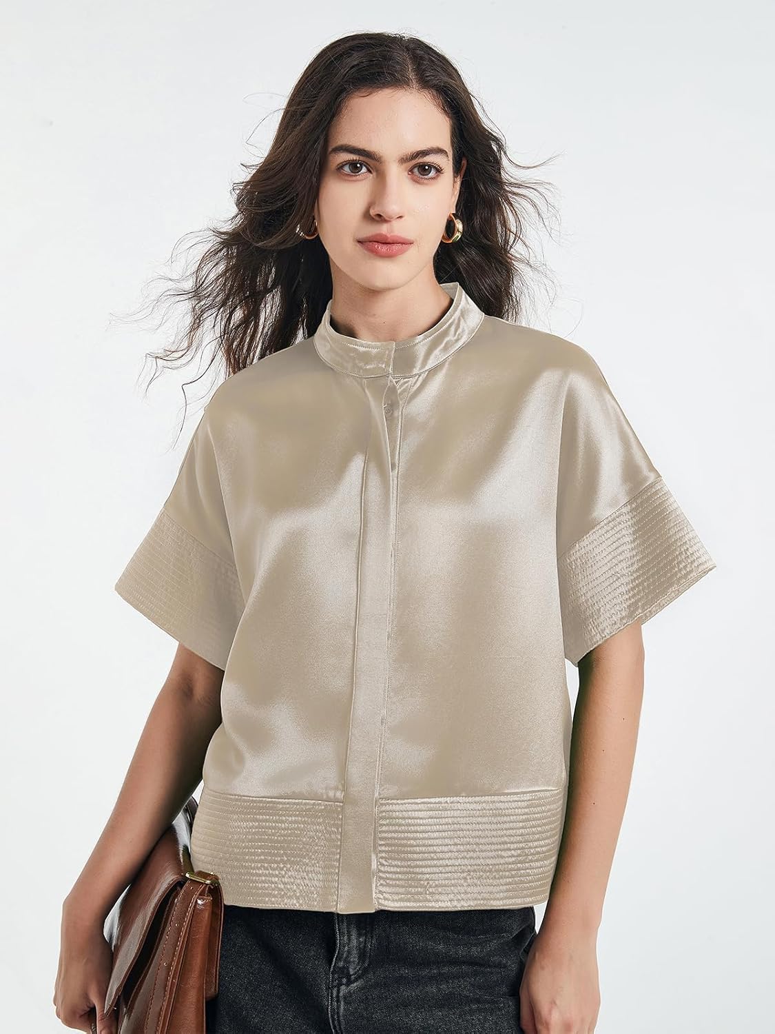 D-Sun Women's Casual Button Down Shirts Oversized Short Sleeve Stand Collar Tops Trendy Work Blouses - Image 5