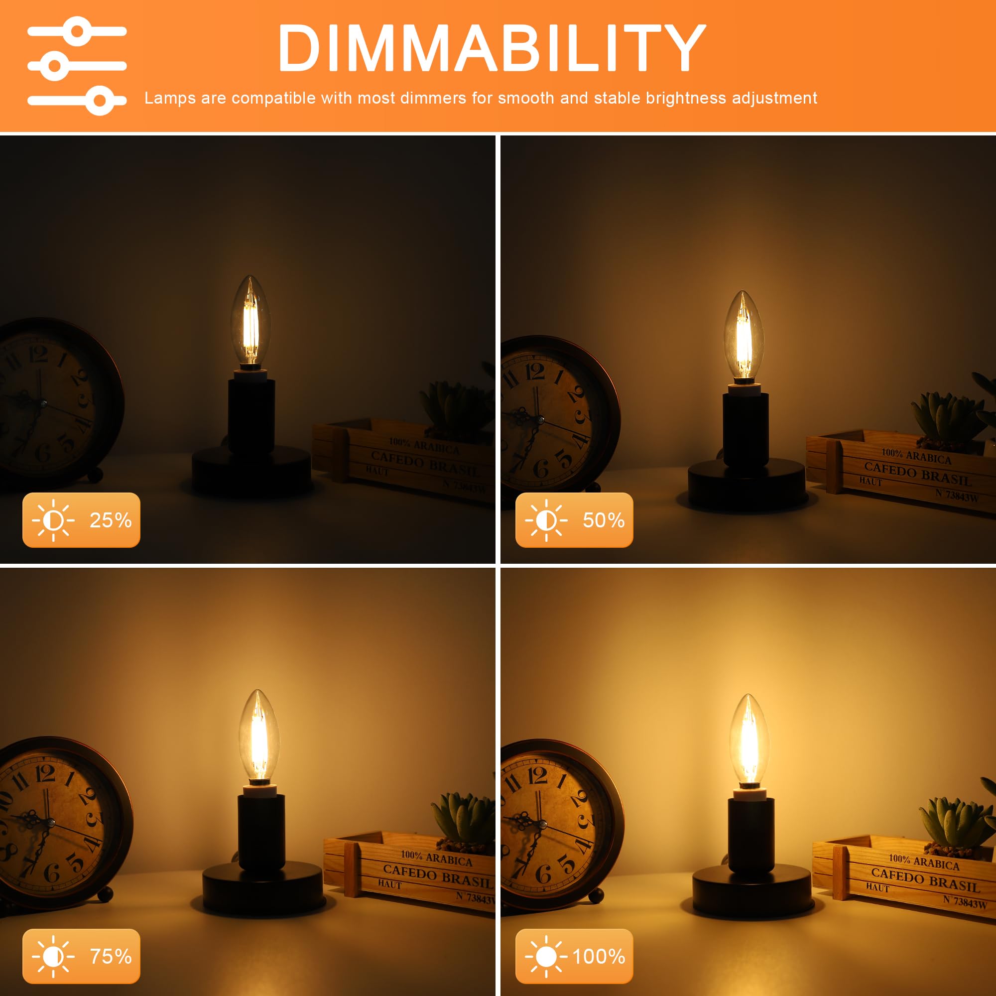 ToBeGreat Candelabra Bulb E12 Dimmable 60W Equivalent LED Chandelier Light Bulbs Clear B11 LED Filament Candle Bulbs 2700K — view 4