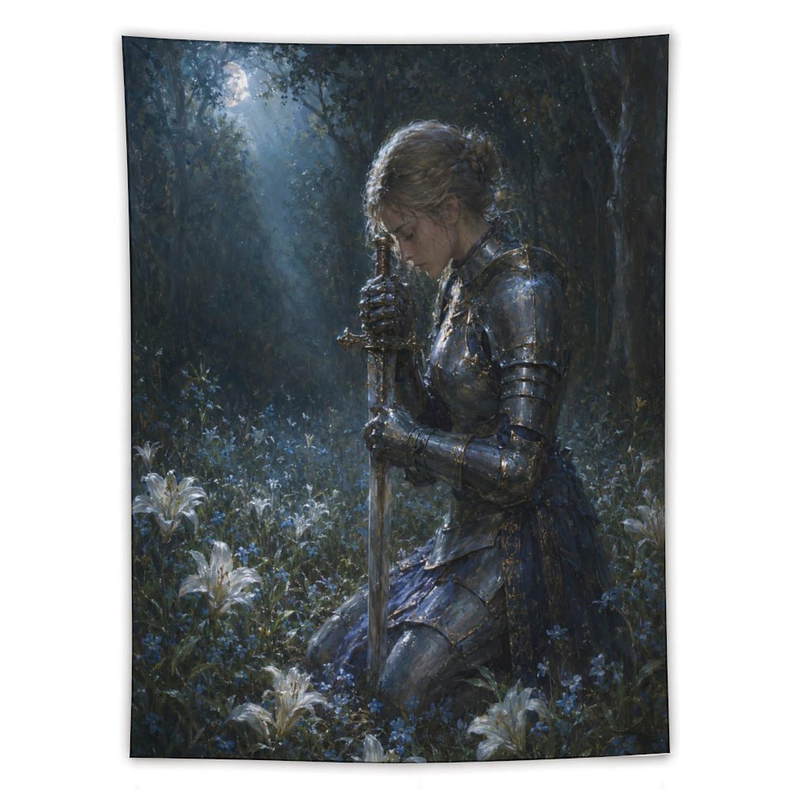 W7C8U2X3 Medieval Female Knight Moonlit Wall Tapestry, Heroic Sword