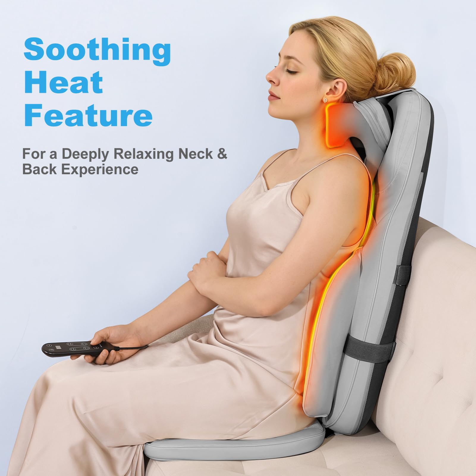 Shiatsu masajeador de cuello y espalda con calor, enrollado, vibración y amasado para aliviar la fatiga, cojín de asiento de masaje de espalda completa de intensidad y altura ajustable para