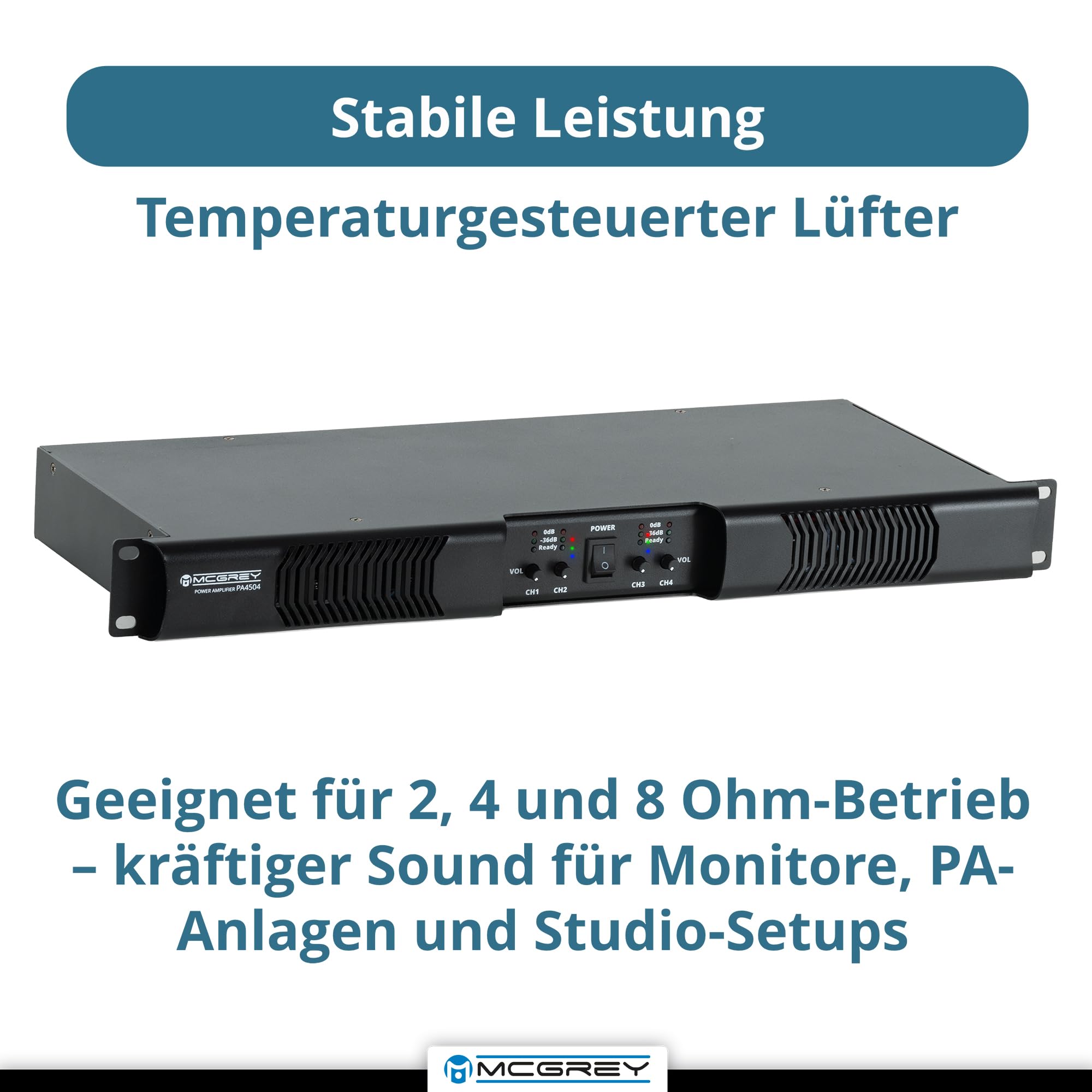 McGrey PA-4504 Endstufe 1 HE 4 x 450 Watt - Class-D Technologie - 4-Kanal Endstufe mit XLR, Speakon, Schutzschaltung - Rackfähig 19" & leicht 3,5 kg - Für Bands & DJ´s, Events & Festinstallation
