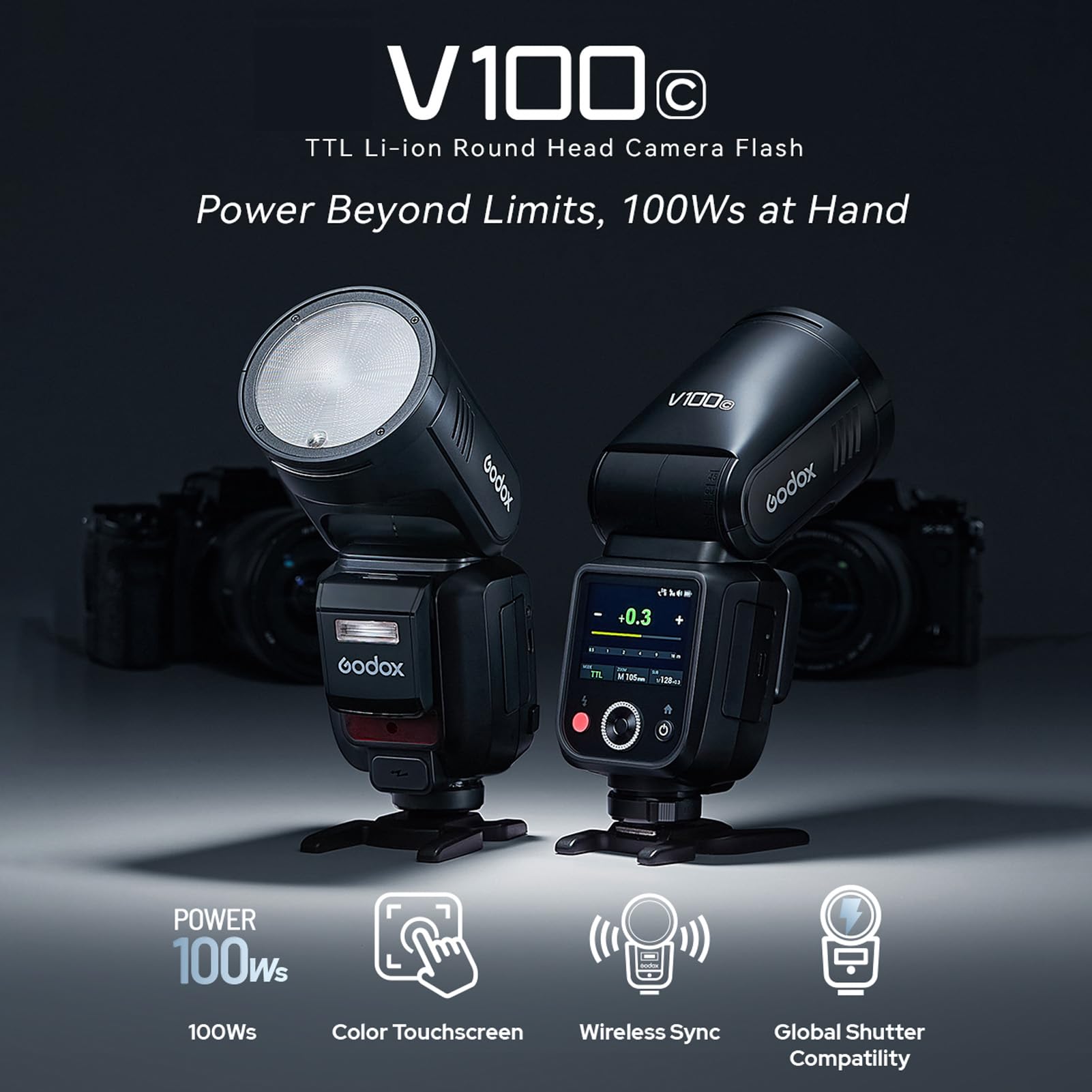 Godox V100 2.4G Wireless Camera Flash Round Head On-Camera Flash TTL Speedlite 100Ws Power Touch Control Screen Built-in LED Modeling Lamp with Detachable Sub for Canon R10 R8 R7 R6 R6 Mark II R5