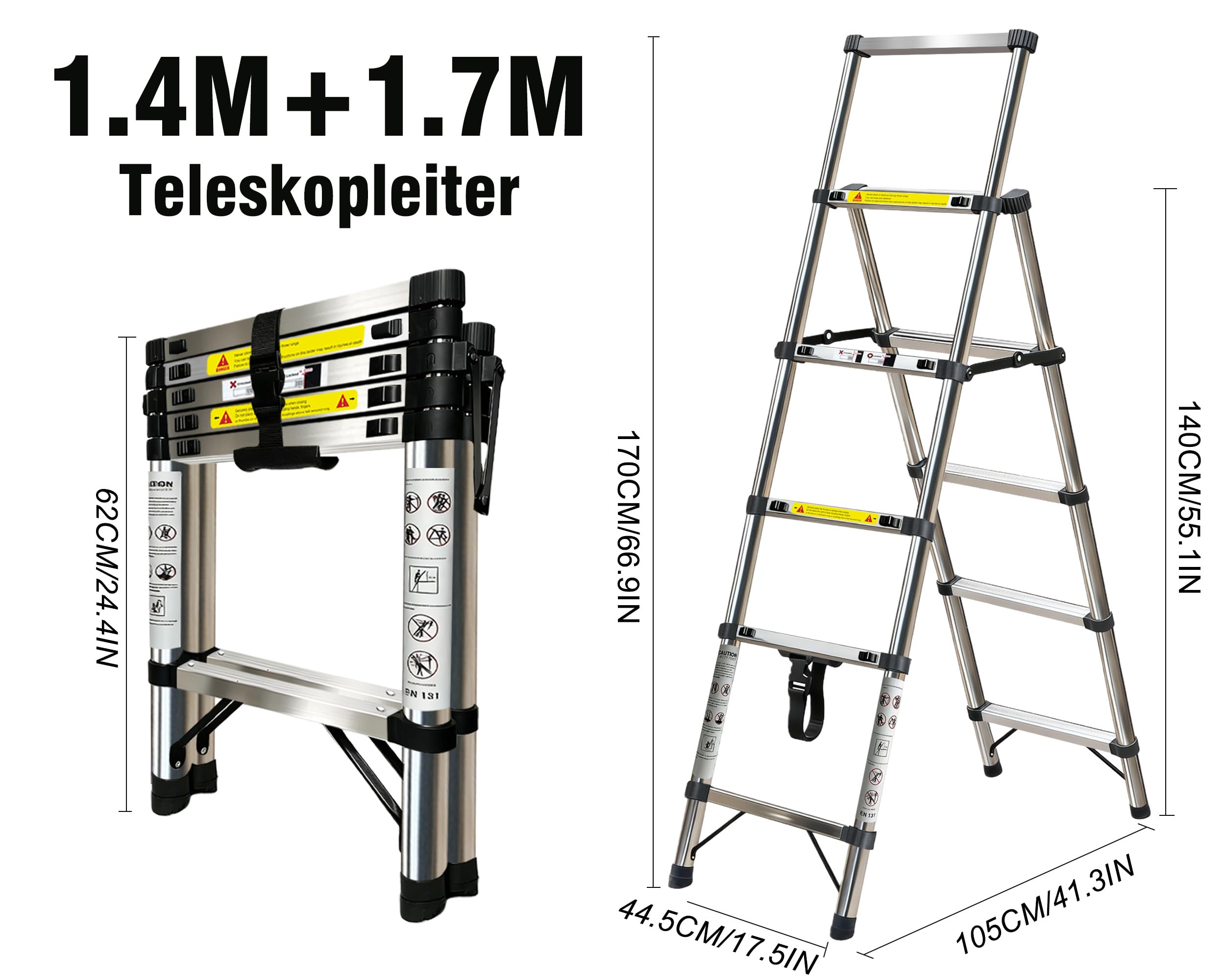 1.4+1.7 m Teleskopleiter,Edelstahl Leiter Ausziehbar,4+5 Treppe Ausziehbare Leiter Mehrzweckleiter für Dach Haushaltsleiter Außenleiter Wohnmobil 150 kg Belastbarkeit