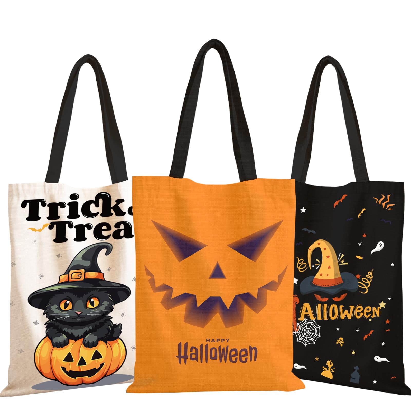 TYL&TYS Halloween Treat Bags, 3Pcs Trick or Treating Bags, Halloween Candy Canvas Tote Gift Bag, Reusable Grocery Boo Basket for Kids