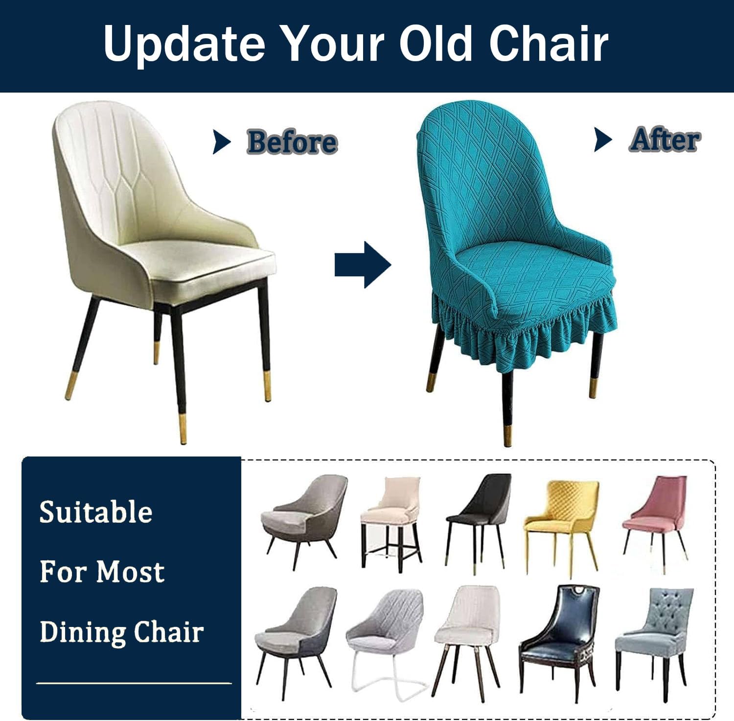 YOPOIY Fundas elásticas para sillas con respaldo curvado con faldón, fundas de silla de comedor de jacquard, fundas extraíbles lavables para decoración (verde oscuro, 4 piezas)