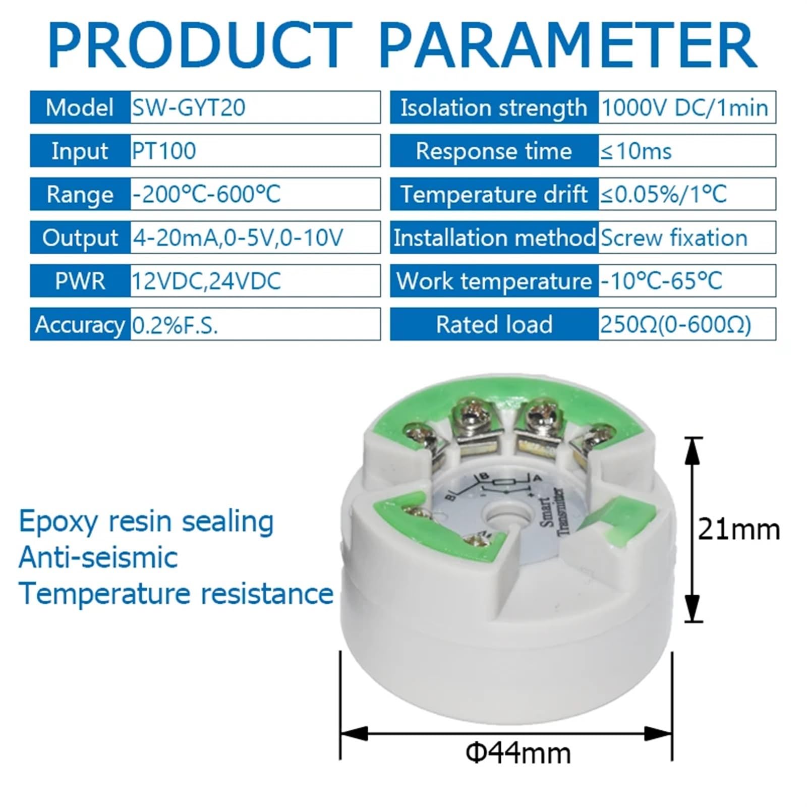 Trasmettitore di Temperatura Sensore PT100 4-20 mA 0-5 V 10 V Rilevamento della Temperatura in Uscita Sensore di Temperatura Anti-interferenza Monopezzo (Color : 0-200C 4-20mA)