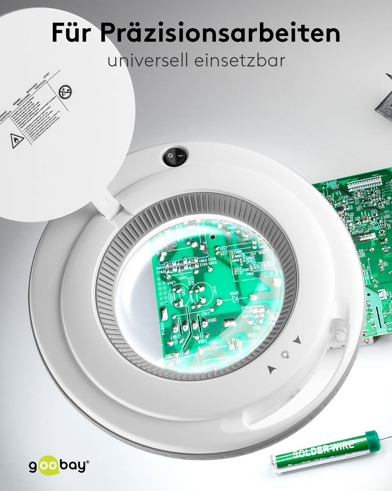 goobay 60362 LED Lupenleuchte mit Klemme / 9 W Leistungsaufnahme / 127 mm Kristall-Glaslinse/Farbtemperatur 6400 K / 1.75x Vergrößerung/Lichtstrom 83-730 Lumen/Weiß