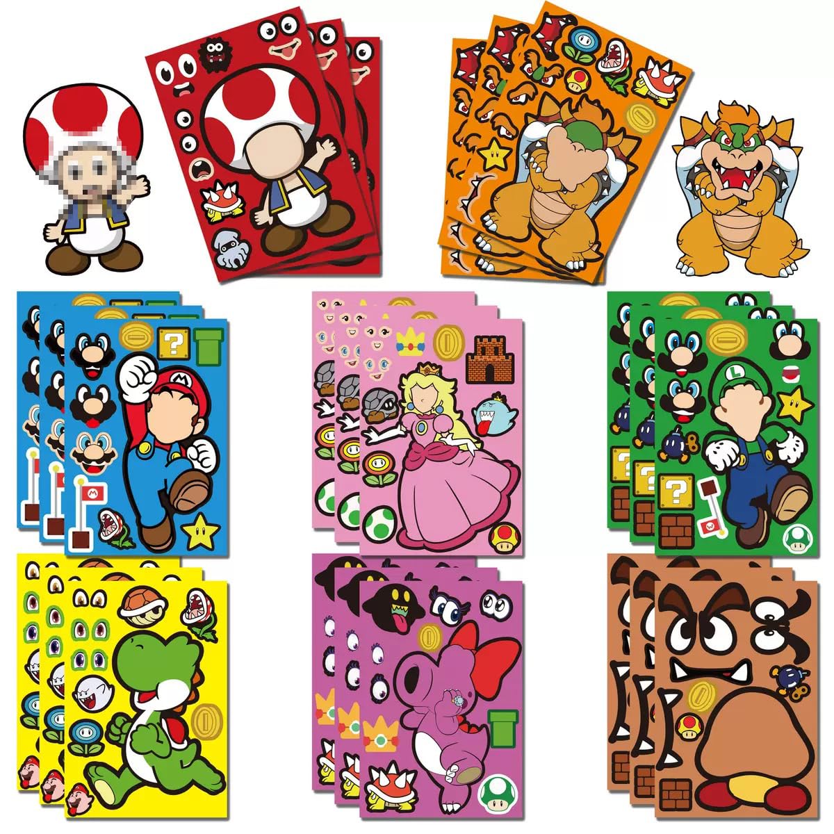 24 Pcs Mario Face Stickers Sheets for Kids Party Bags, Make Your Own Stickers Characters DIY Stickers for Party Favor Supplies Craft