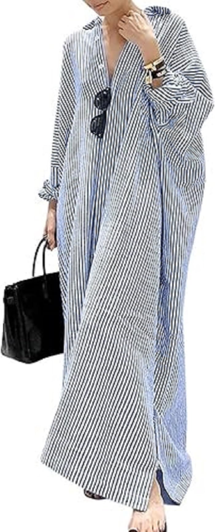 Womens Striped Long Sleeve Dress Casual Loose Button Down Cotton Maxi Shirt Dress S Blue