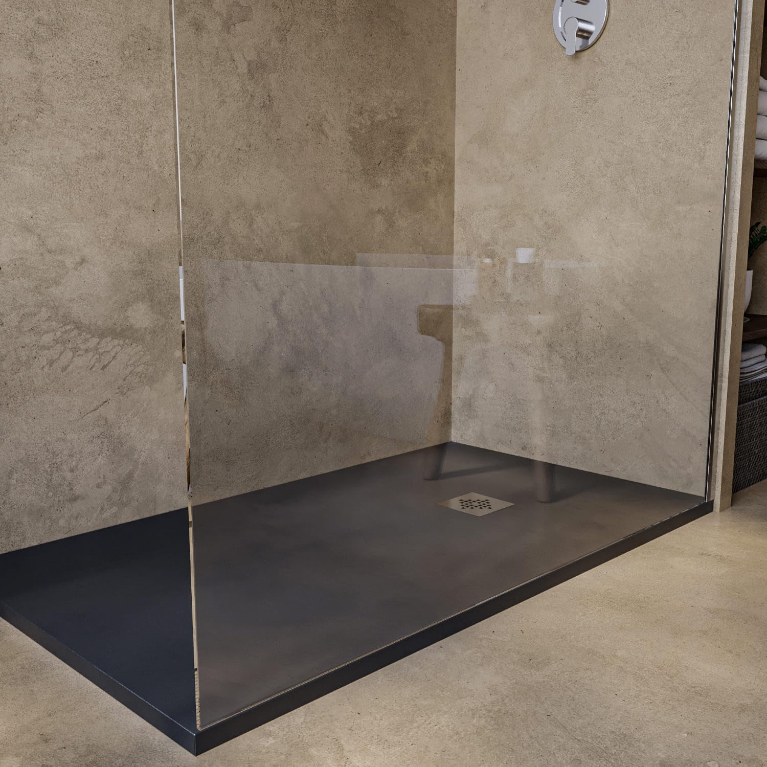 SOULHOME Brodzik prysznicowy– Żywica– Gel Coat– Gładka/Kamienna tekstura – Antypoślizgowy – Kolor antracytowy – 130x100- Niski 3 cm– Z dodatkowym syfonem – Standard